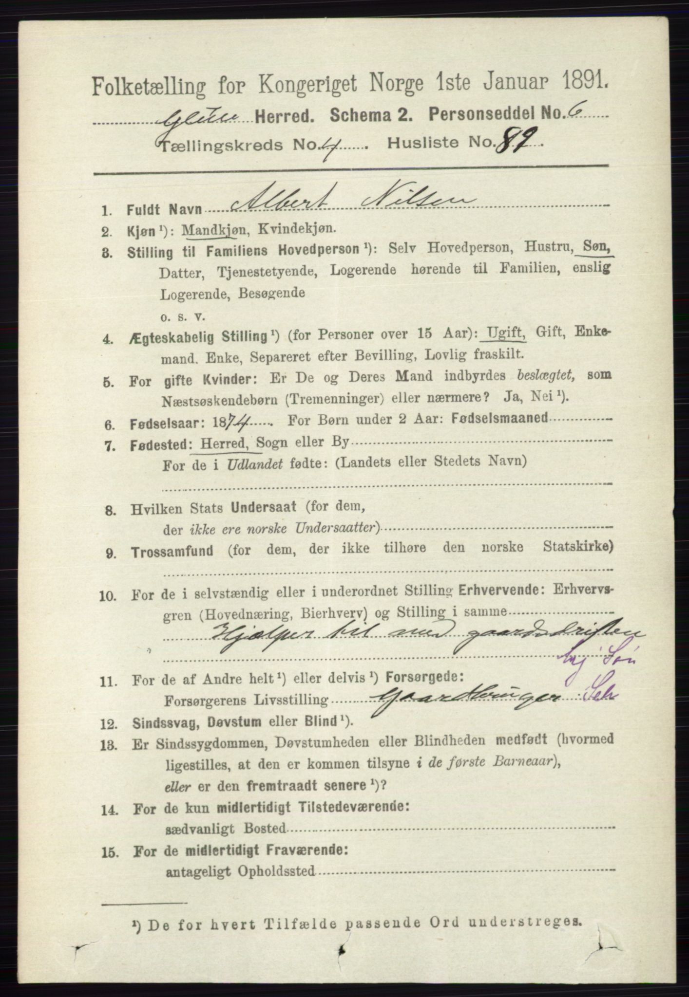 RA, 1891 census for 0423 Grue, 1891, p. 2605