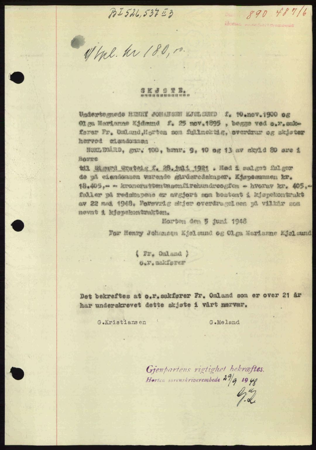 Horten sorenskriveri, AV/SAKO-A-133/G/Ga/Gaa/L0010: Mortgage book no. A-10, 1947-1948, Diary no: : 890/1948