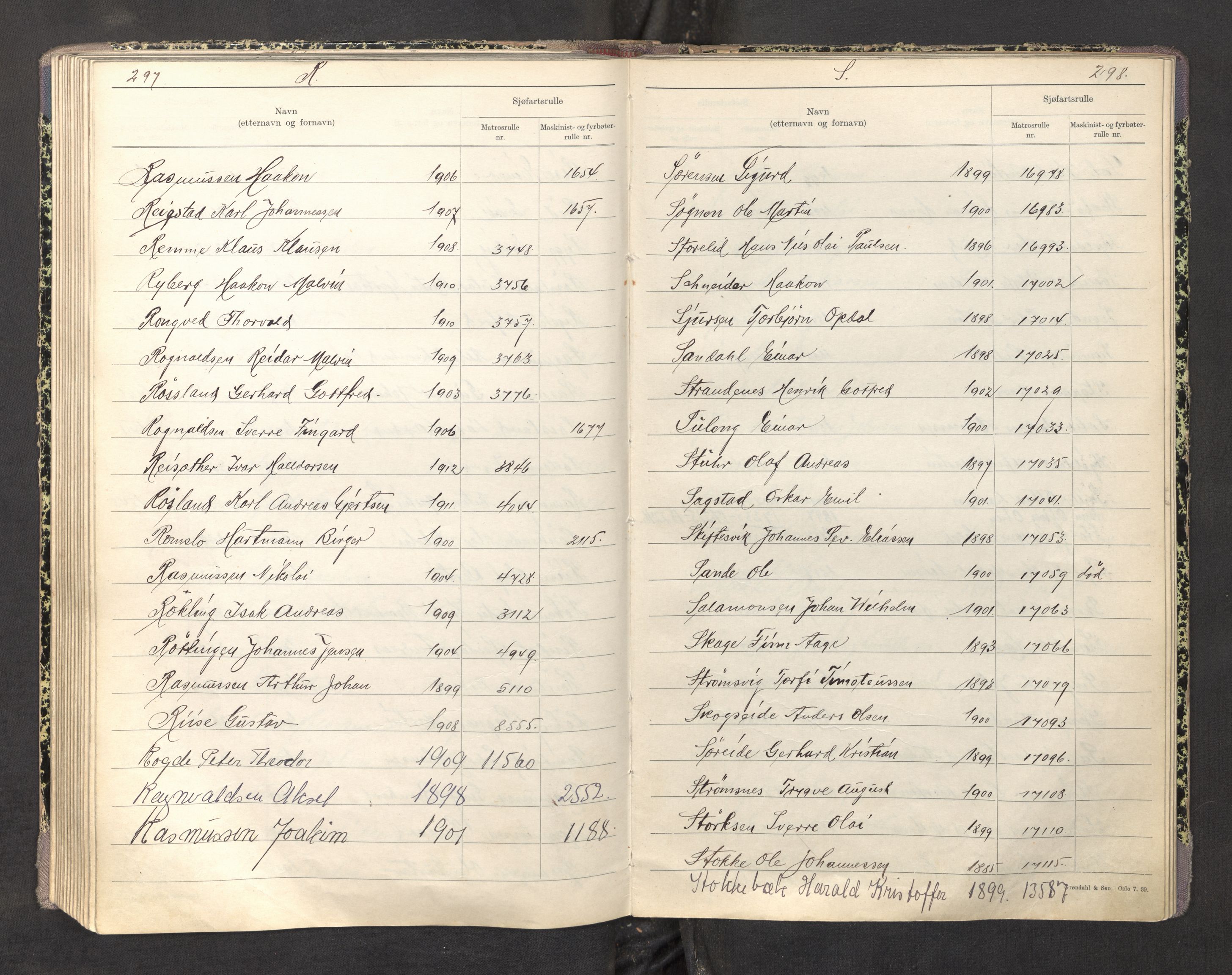 Innrulleringssjefen i Bergen, AV/SAB-A-100050/F/Fa/L0004: Register til sjøfartsrulle, Mønstringssjefen i Bergen, 1919-1948, p. 297-298