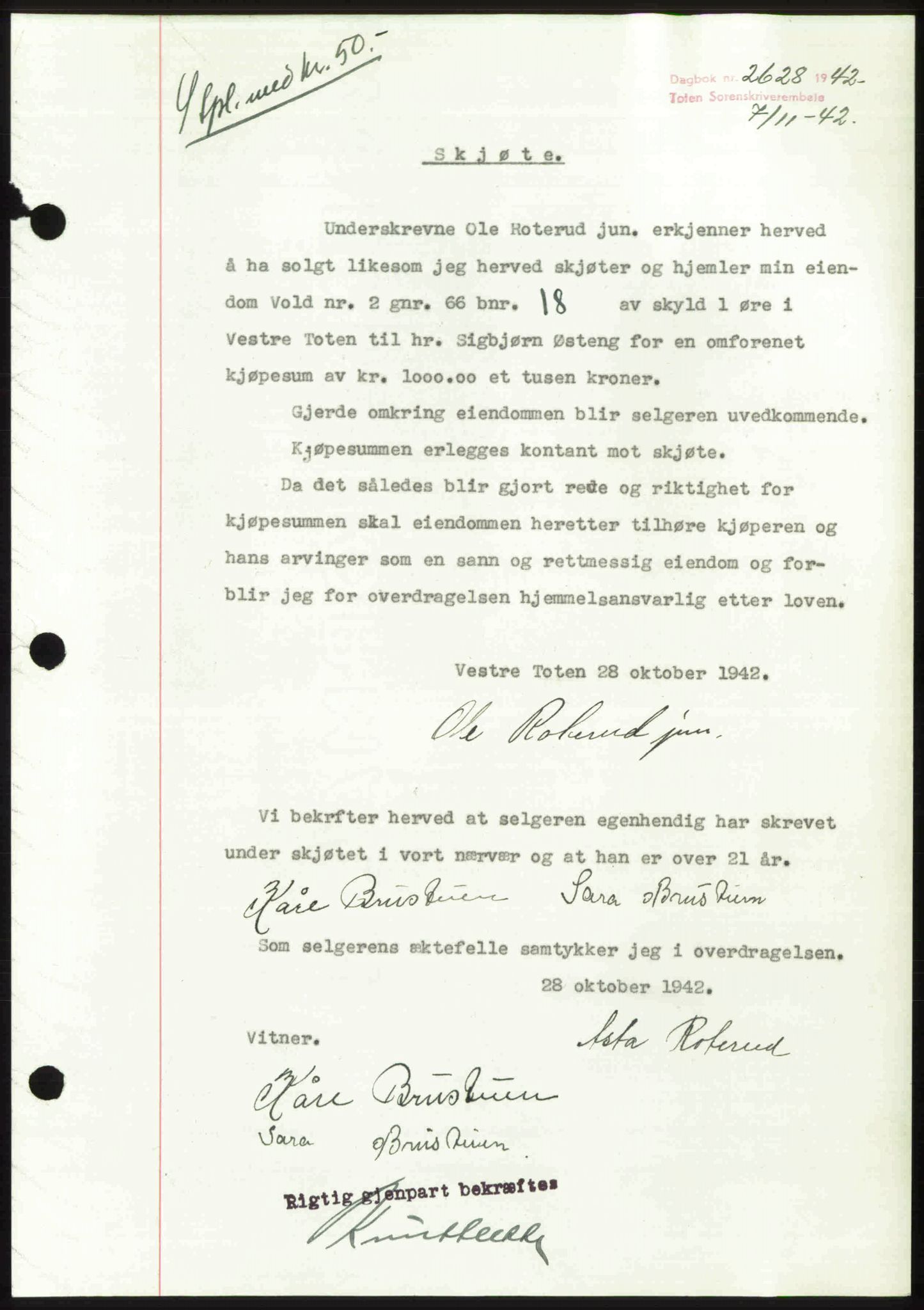 Toten tingrett, AV/SAH-TING-006/H/Hb/Hbc/L0010: Mortgage book no. Hbc-10, 1942-1943, Diary no: : 2628/1942