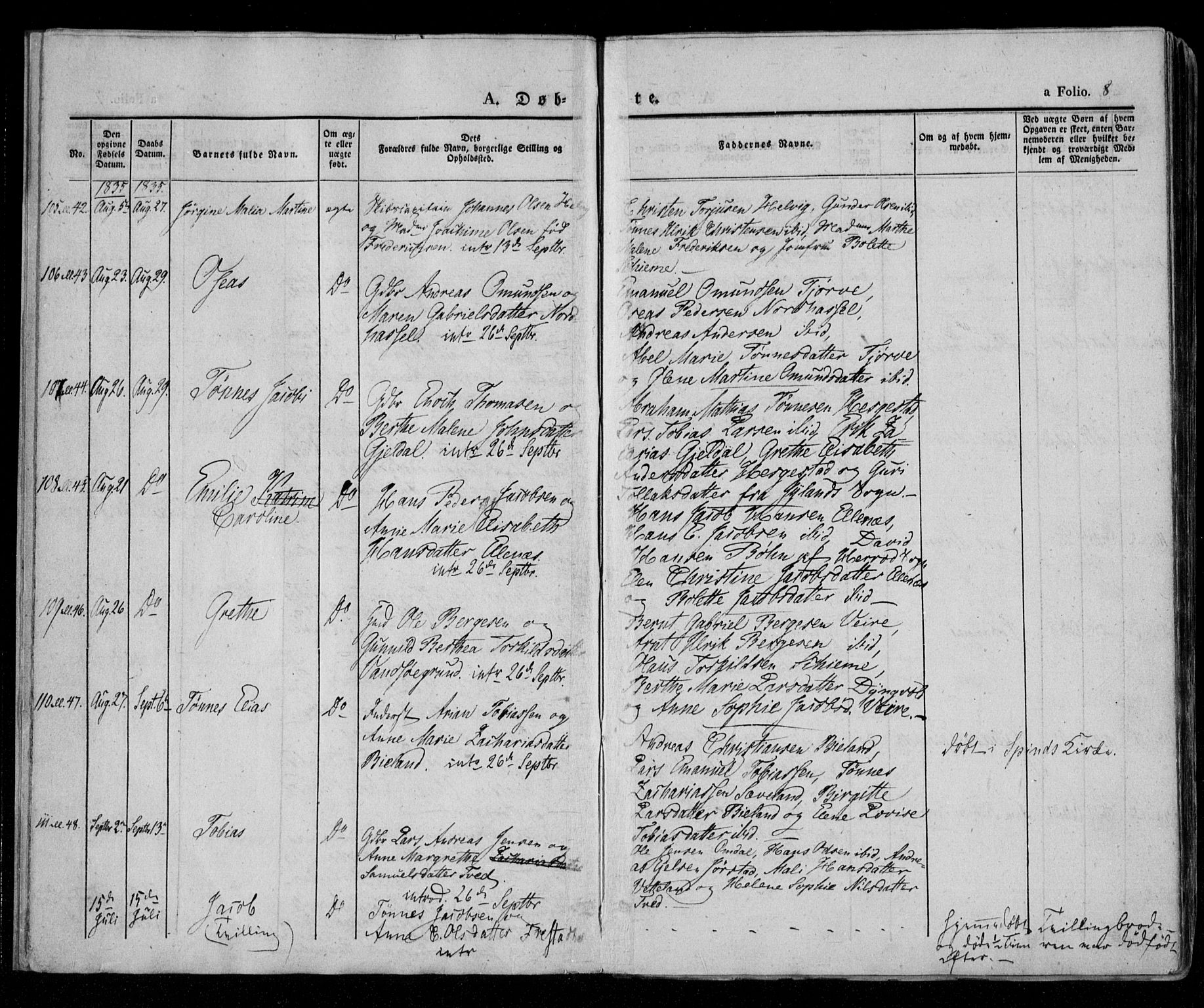 Lista sokneprestkontor, AV/SAK-1111-0027/F/Fa/L0009: Parish register (official) no. A 9, 1835-1846, p. 8