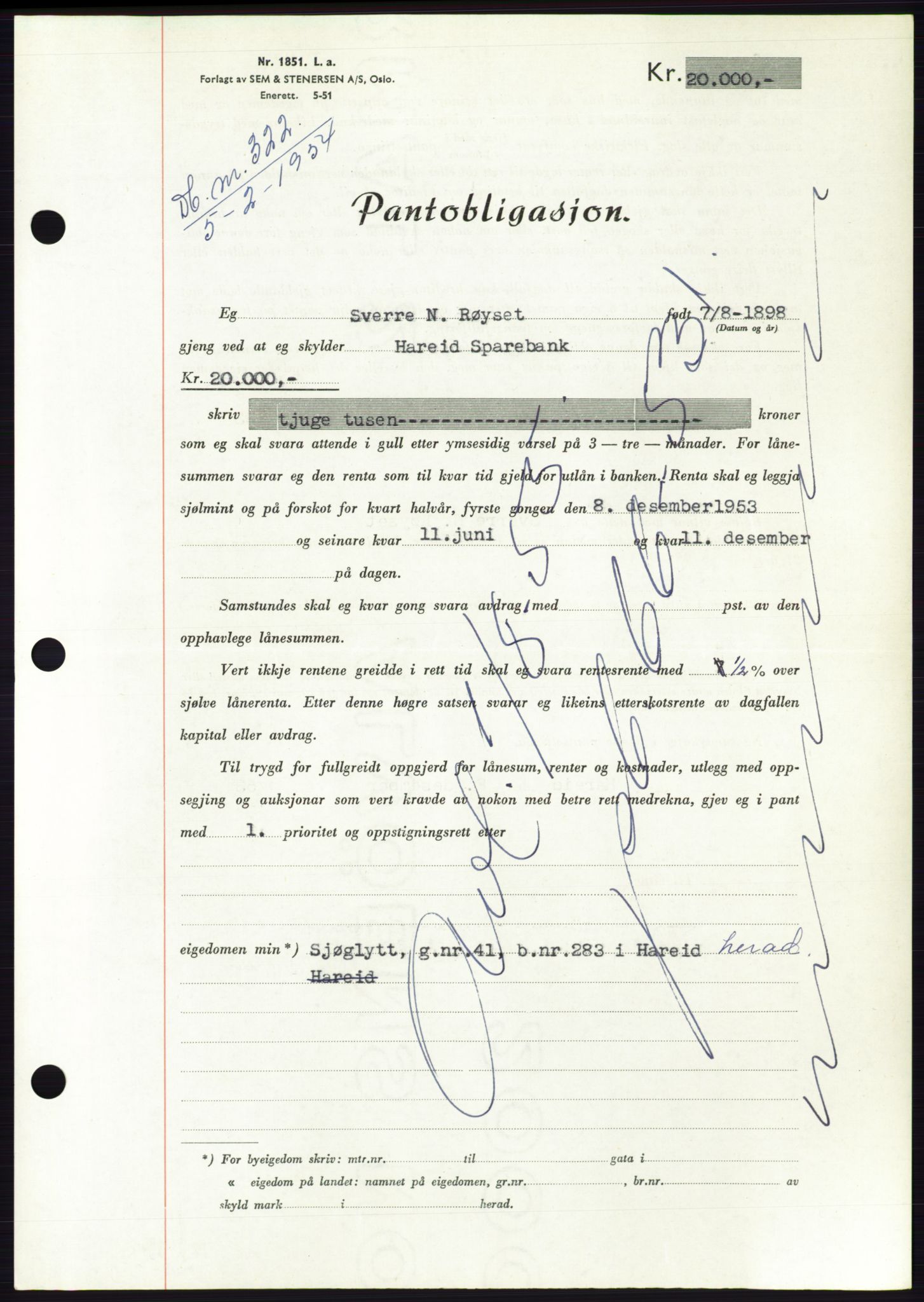 Søre Sunnmøre sorenskriveri, AV/SAT-A-4122/1/2/2C/L0124: Mortgage book no. 12B, 1953-1954, Diary no: : 322/1954