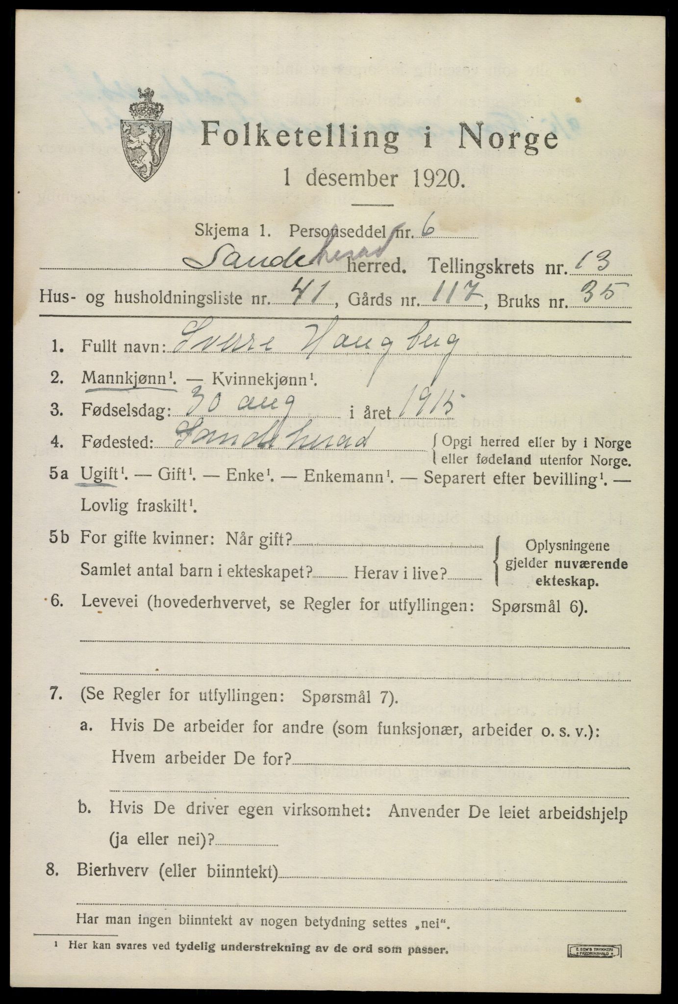 SAKO, 1920 census for Sandeherred, 1920, p. 19788