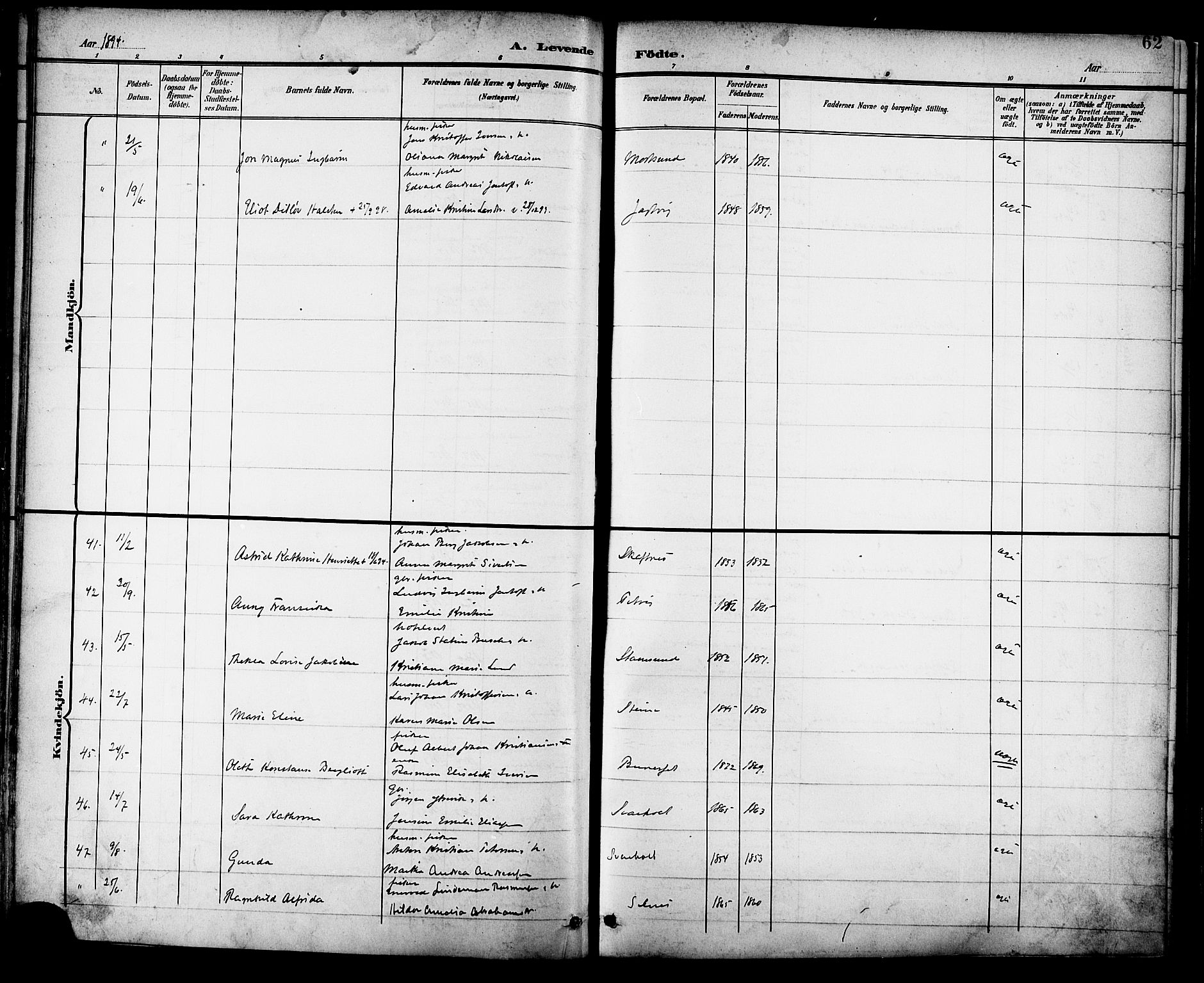 Ministerialprotokoller, klokkerbøker og fødselsregistre - Nordland, SAT/A-1459/882/L1179: Parish register (official) no. 882A01, 1886-1898, p. 62