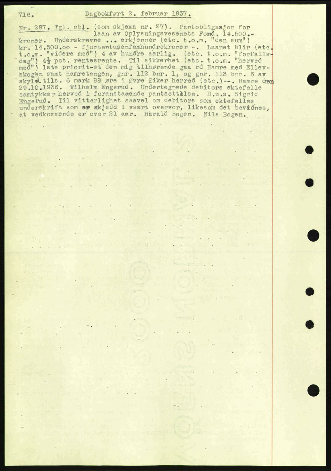 Eiker, Modum og Sigdal sorenskriveri, SAKO/A-123/G/Ga/Gab/L0034: Mortgage book no. A4, 1936-1937, Diary no: : 297/1937