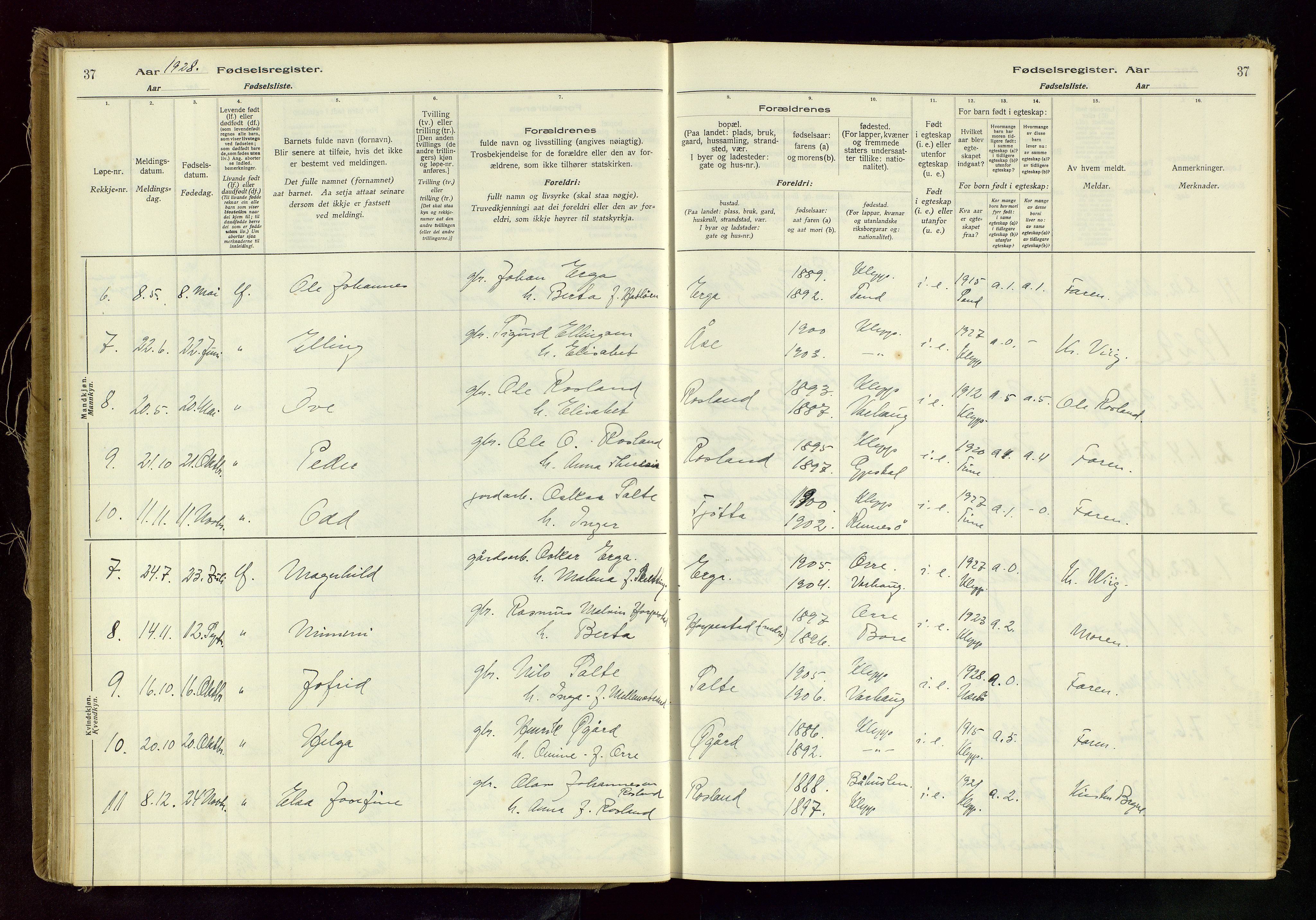 Klepp sokneprestkontor, SAST/A-101803/001/704BAC/L0001: Birth register no. 1, 1916-1982, p. 37