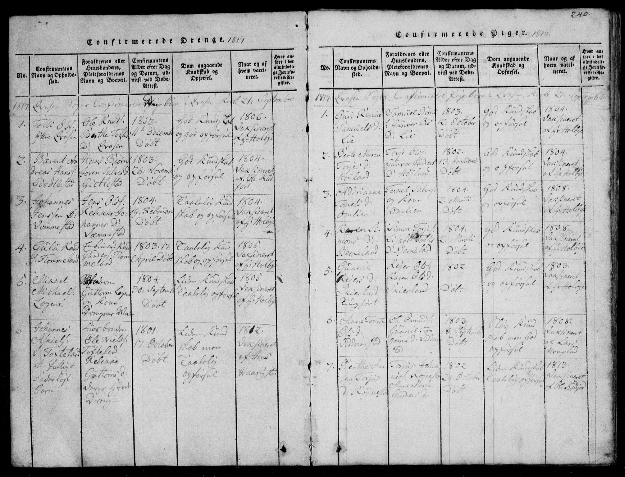 Lyngdal sokneprestkontor, AV/SAK-1111-0029/F/Fb/Fbb/L0001: Parish register (copy) no. B 1, 1816-1900, p. 240