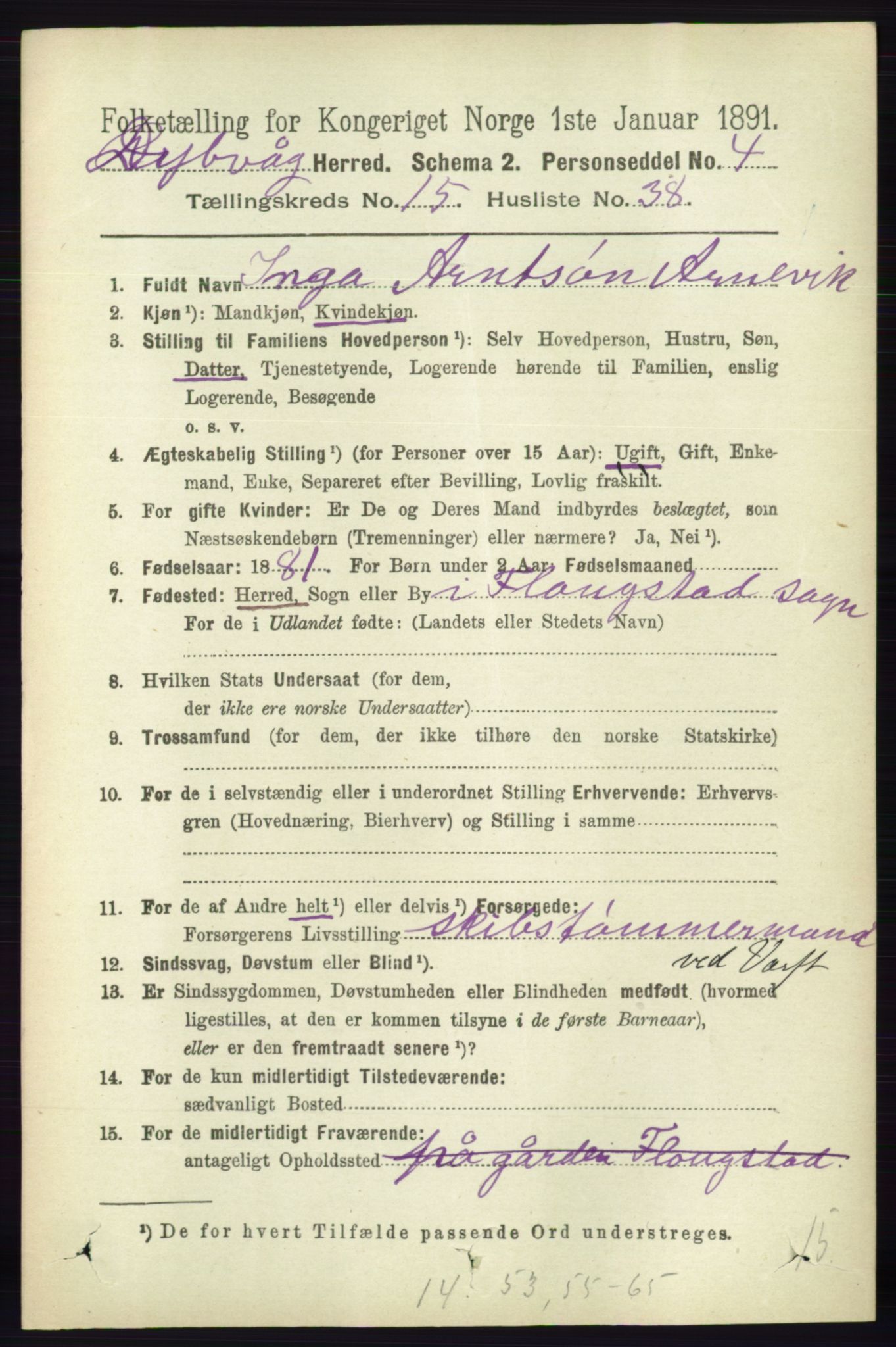 RA, 1891 census for 0915 Dypvåg, 1891, p. 6320