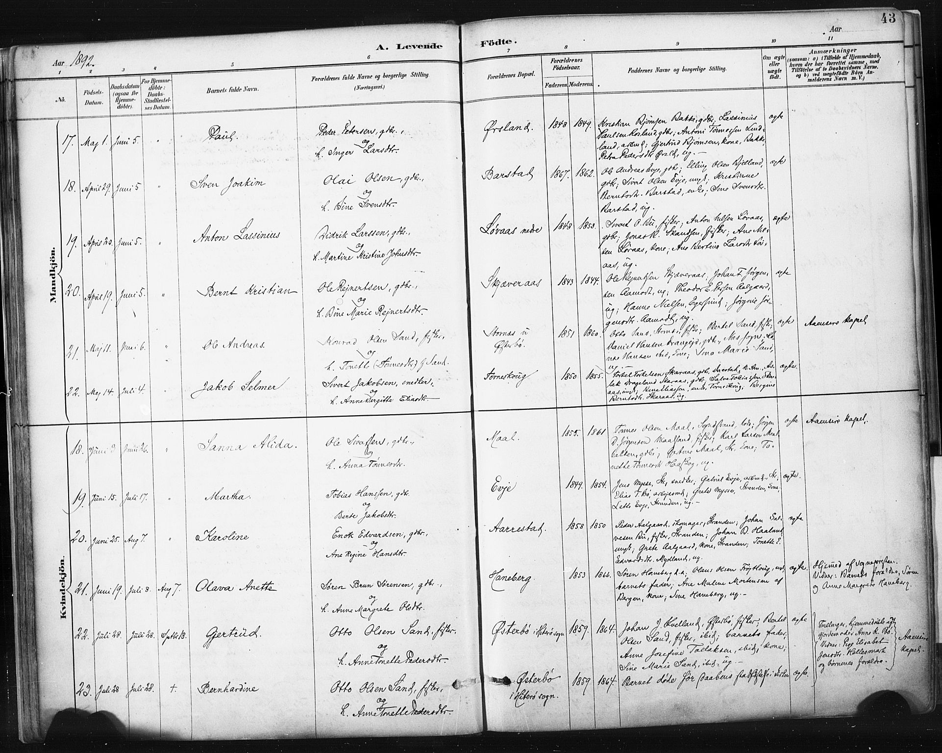 Sokndal sokneprestkontor, AV/SAST-A-101808: Parish register (official) no. A 11.1, 1887-1905, p. 43