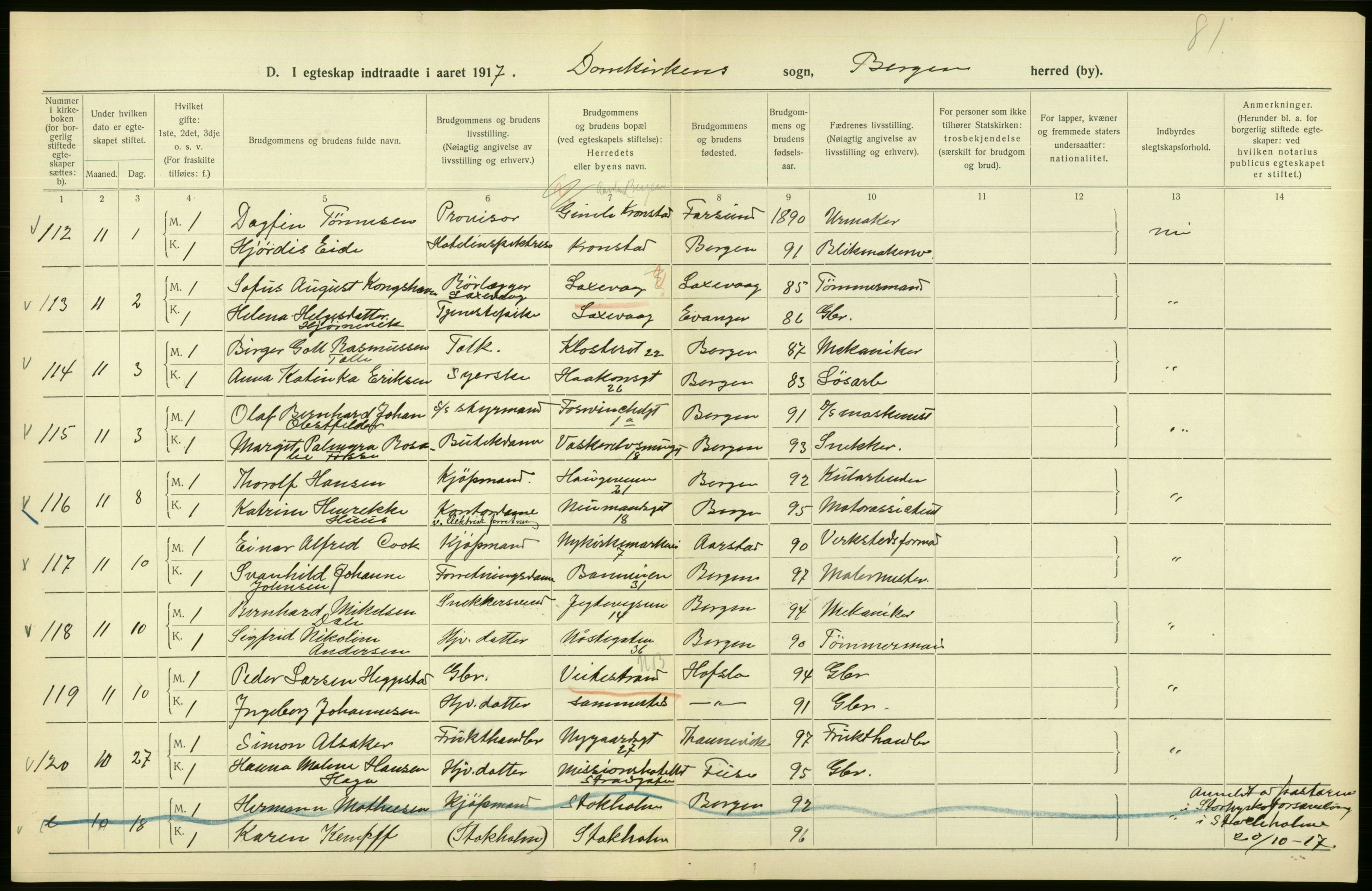 Statistisk sentralbyrå, Sosiodemografiske emner, Befolkning, AV/RA-S-2228/D/Df/Dfb/Dfbg/L0038: Bergen: Gifte, døde, dødfødte., 1917, p. 30