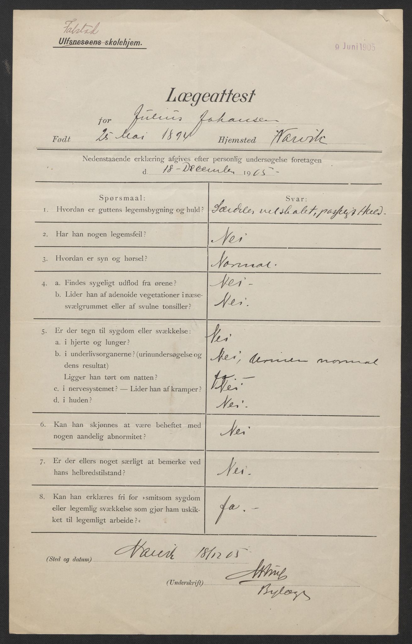 Falstad skolehjem, RA/S-1676/E/Eb/L0007: Elevmapper løpenr. 146-168, 1905-1911, p. 2