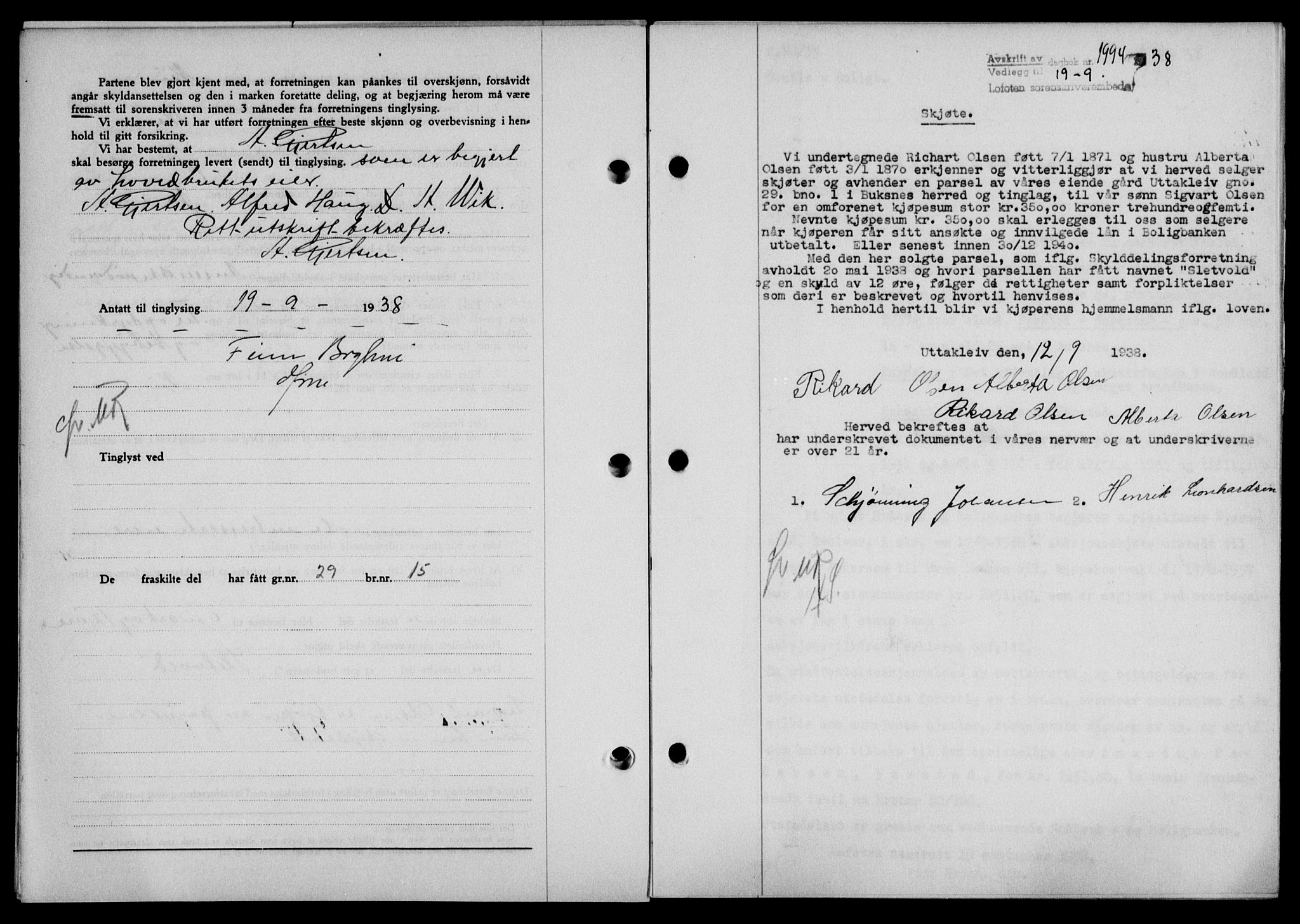 Lofoten sorenskriveri, SAT/A-0017/1/2/2C/L0004a: Mortgage book no. 4a, 1938-1938, Diary no: : 1994/1938