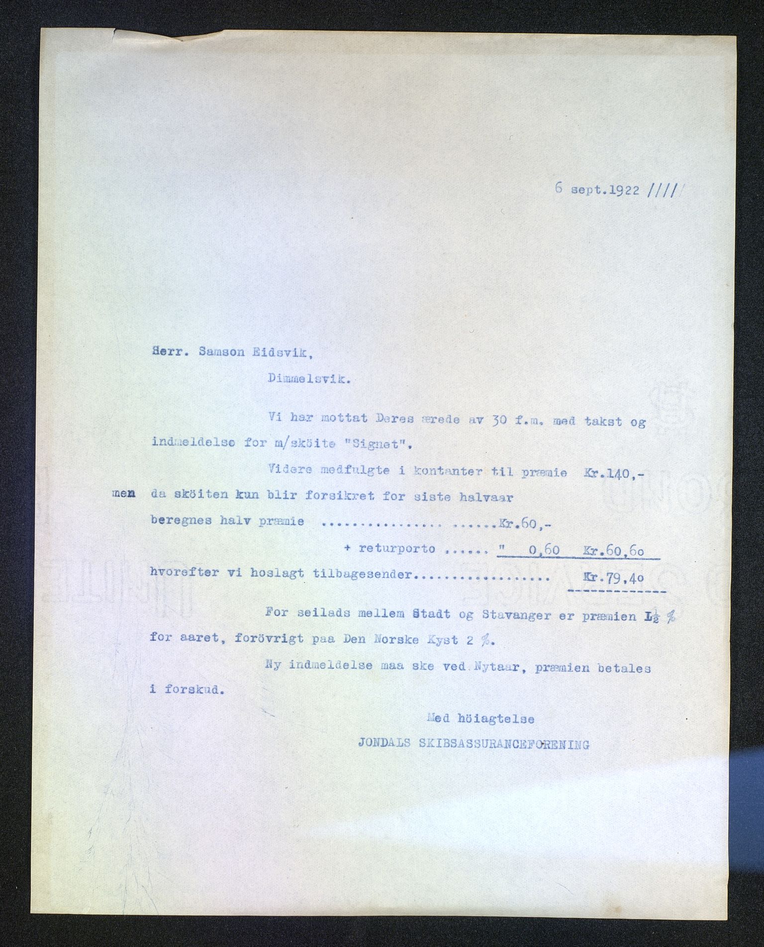 Jondal Skipsassuranseforening, AV/SAB-SAB/PA-0276/E/L0095: Korrespondanse , 1922