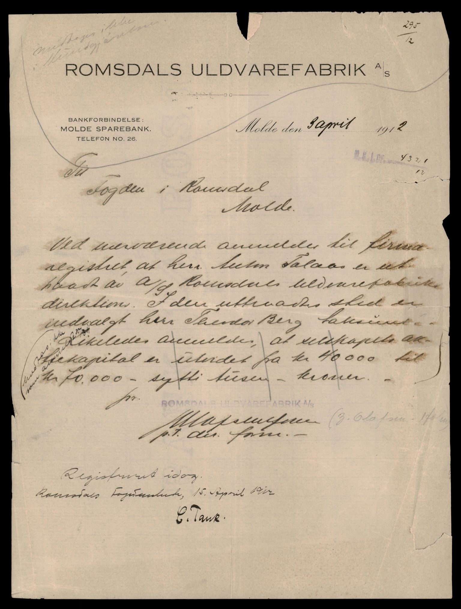 Romsdal sorenskriveri, AV/SAT-A-4149/2/J/Ja/Jaa/L0003: Foretaksregistreringer Landet, A-Å, 1912-1924, p. 13