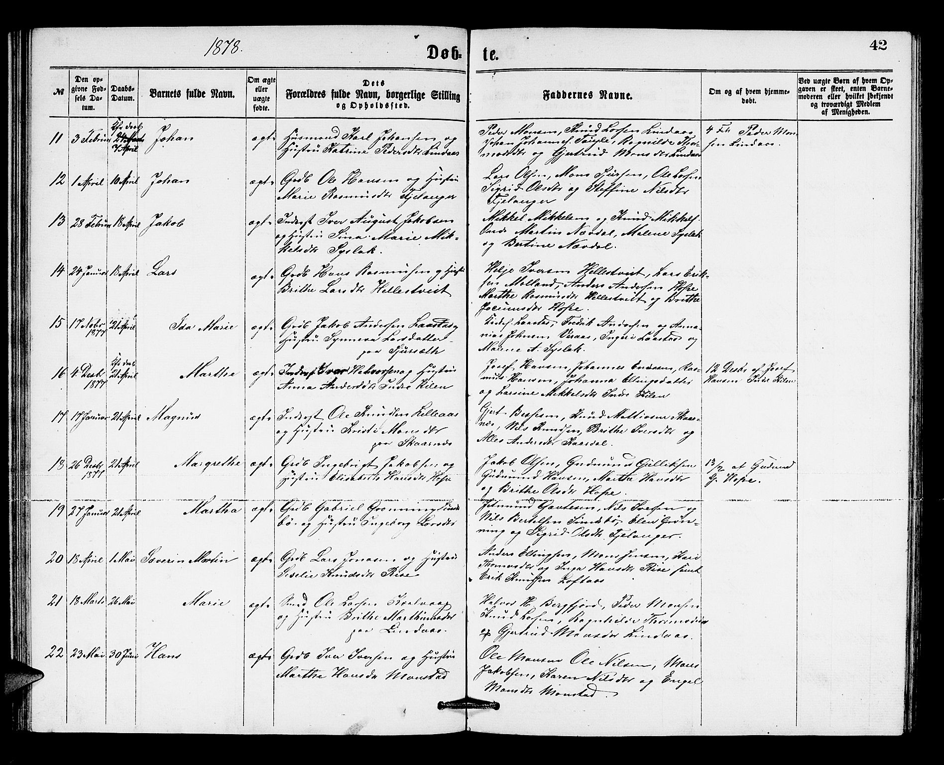Lindås Sokneprestembete, SAB/A-76701/H/Hab: Parish register (copy) no. B 2, 1867-1885, p. 42
