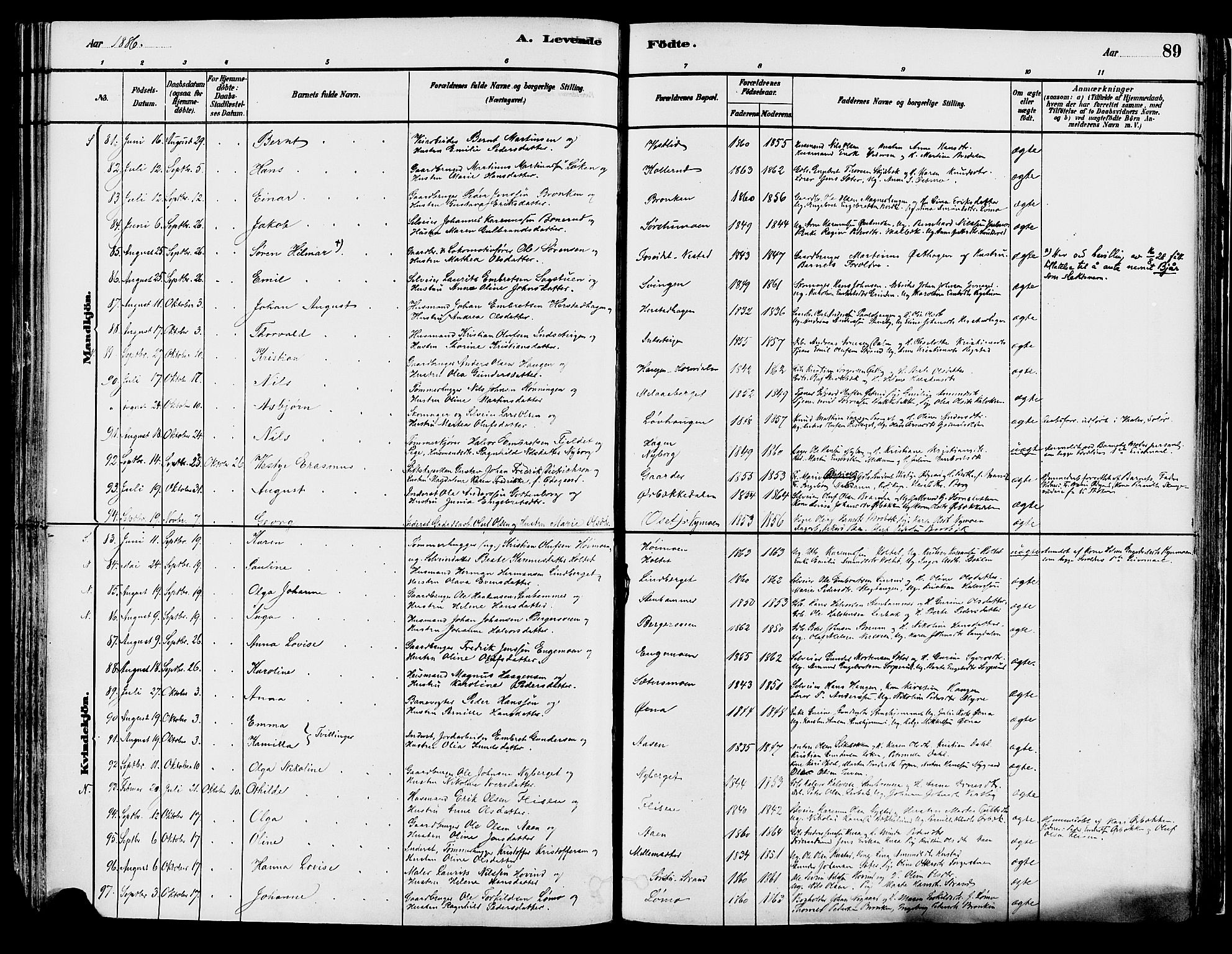 Elverum prestekontor, SAH/PREST-044/H/Ha/Haa/L0013: Parish register (official) no. 13, 1880-1890, p. 89