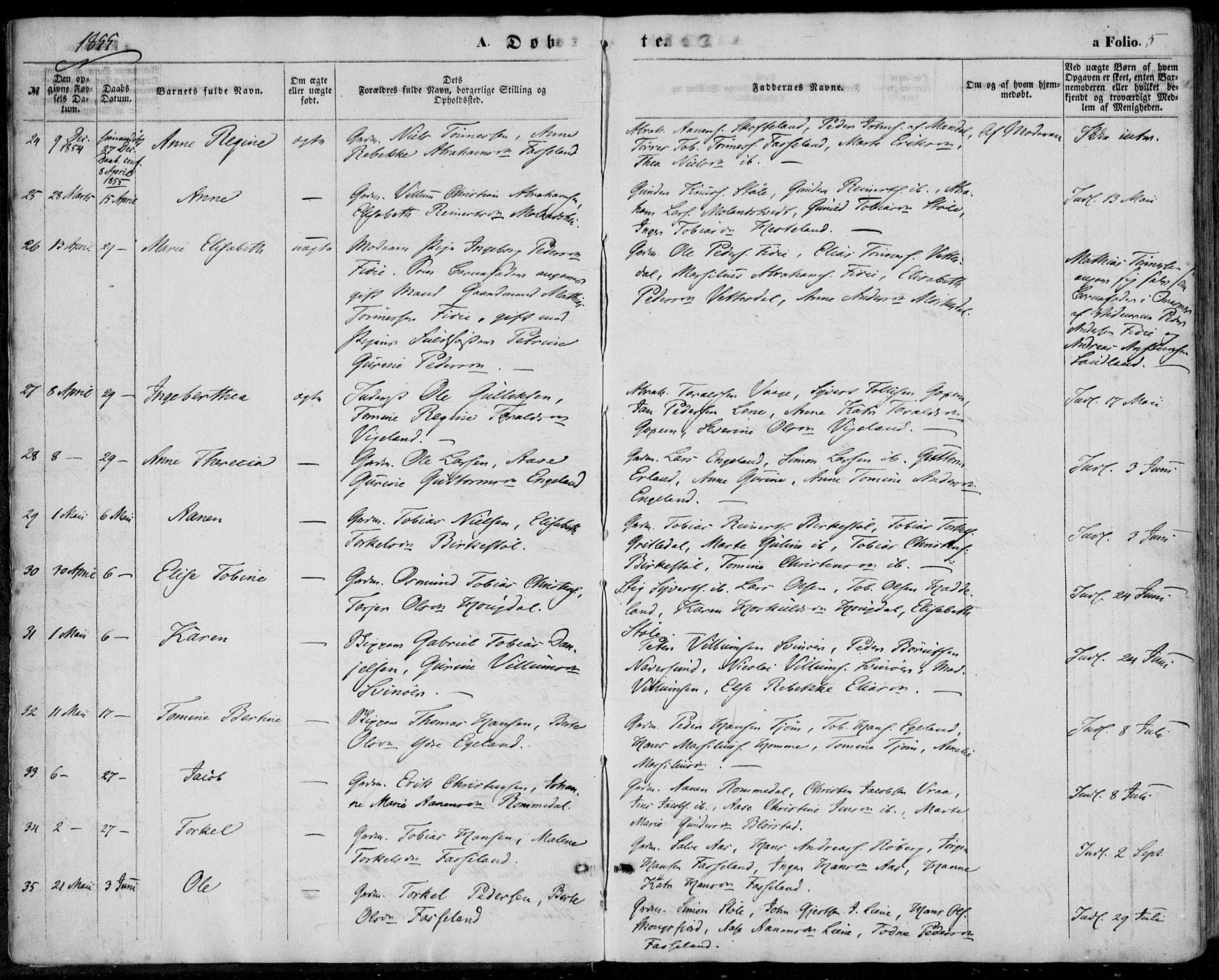 Sør-Audnedal sokneprestkontor, AV/SAK-1111-0039/F/Fa/Fab/L0007: Parish register (official) no. A 7, 1855-1876, p. 5