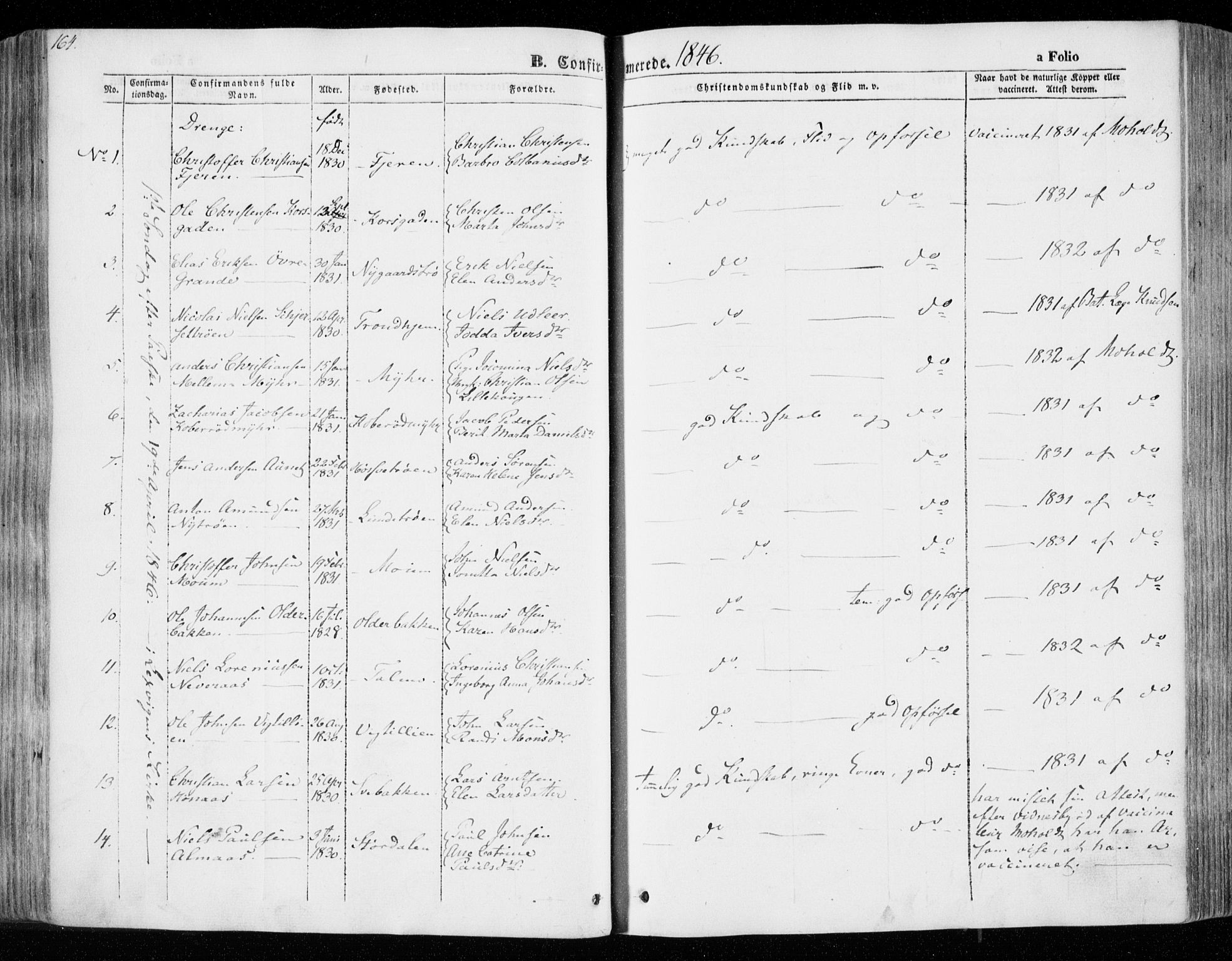 Ministerialprotokoller, klokkerbøker og fødselsregistre - Nord-Trøndelag, AV/SAT-A-1458/701/L0007: Parish register (official) no. 701A07 /1, 1842-1854, p. 164