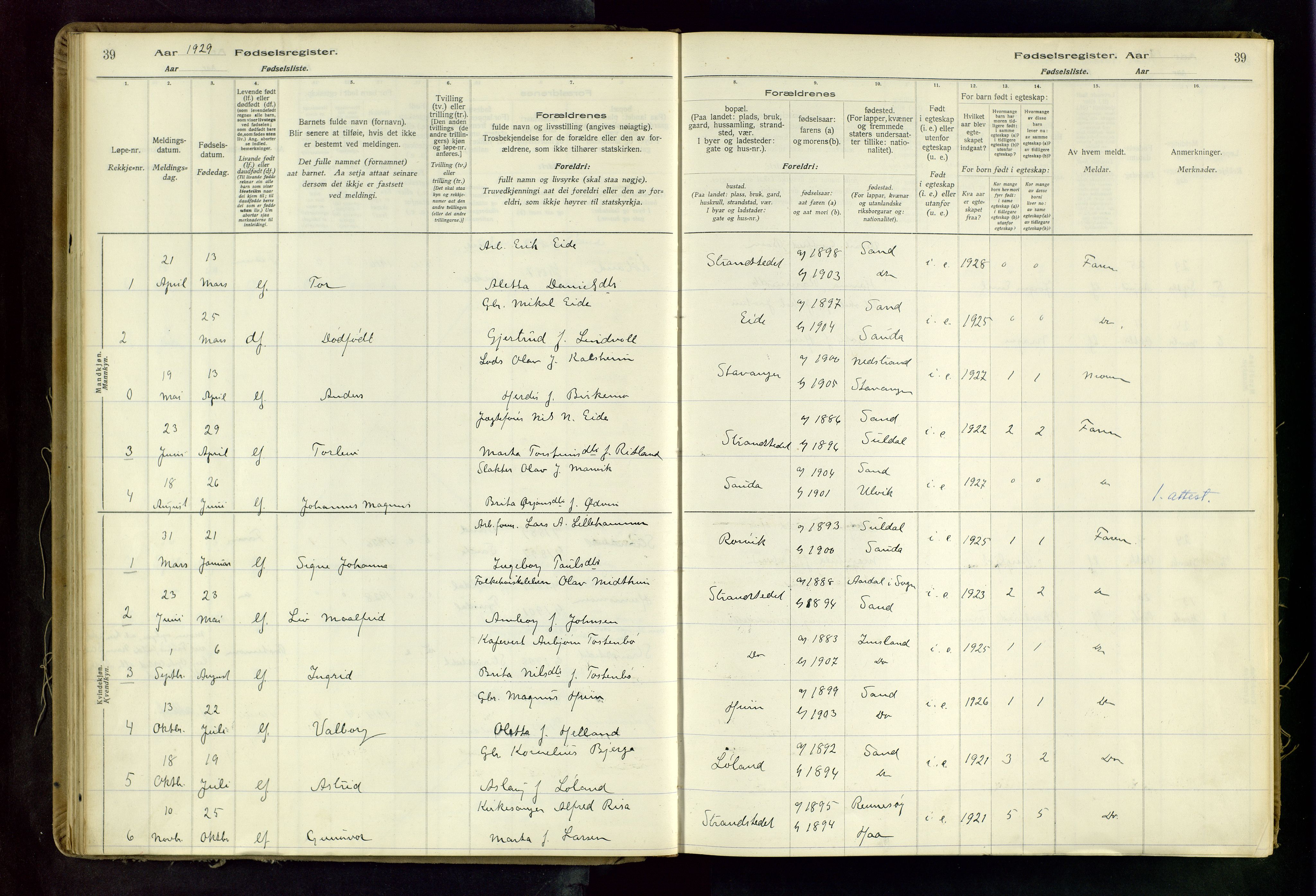 Suldal sokneprestkontor, AV/SAST-A-101845/03/A/L0001: Birth register no. 1, 1916-1982, p. 39