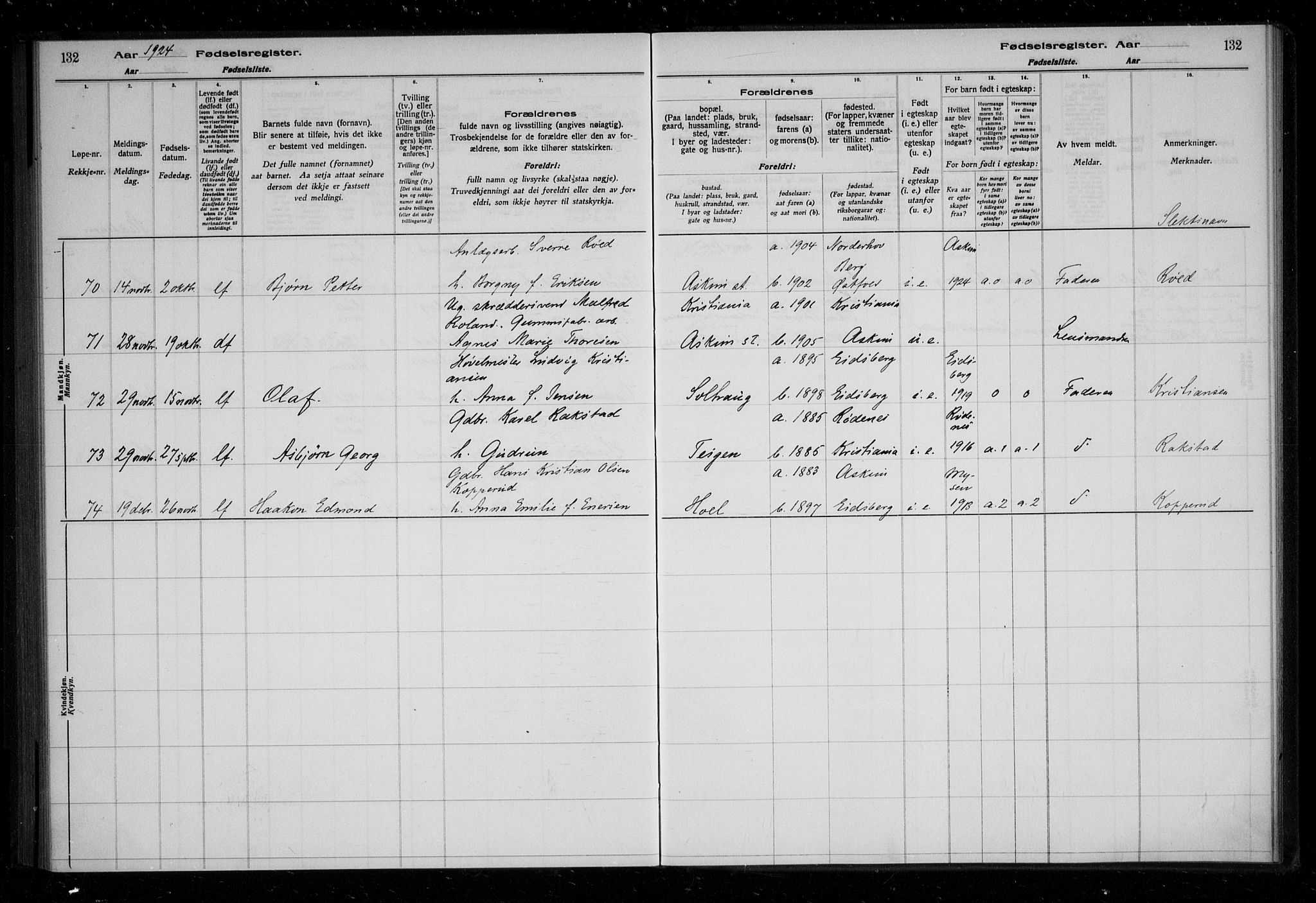 Askim prestekontor Kirkebøker, AV/SAO-A-10900/J/Ja/L0001: Birth register no. 1, 1916-1929, p. 132