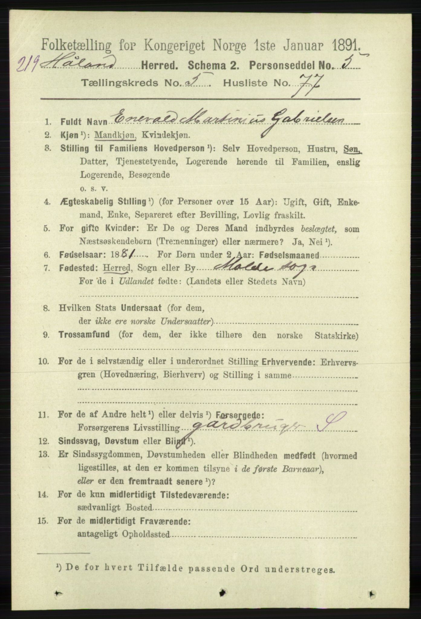 RA, 1891 census for 1124 Haaland, 1891, p. 3784