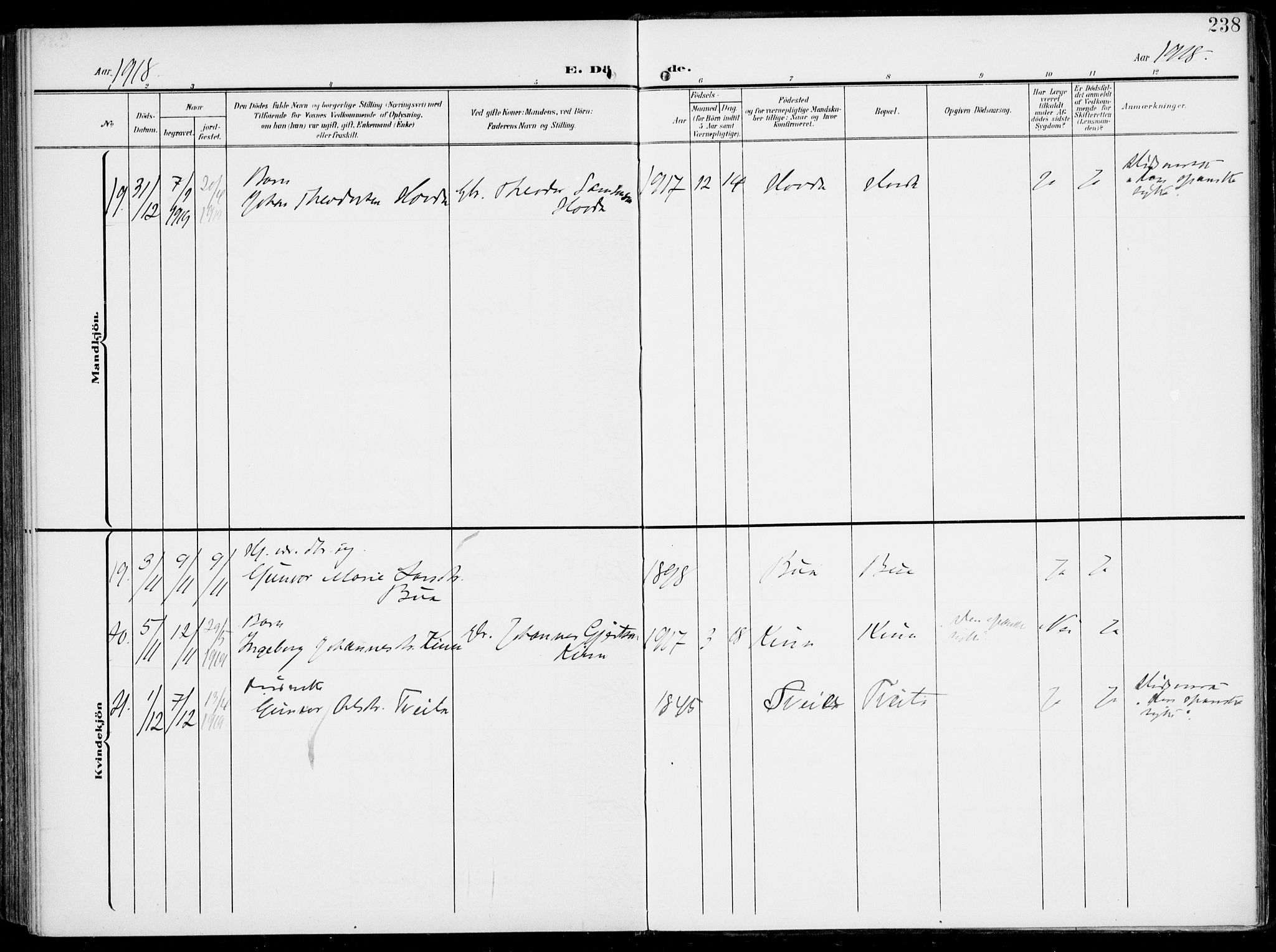 Sveio Sokneprestembete, SAB/A-78501/H/Haa: Parish register (official) no. B  4, 1906-1919, p. 238