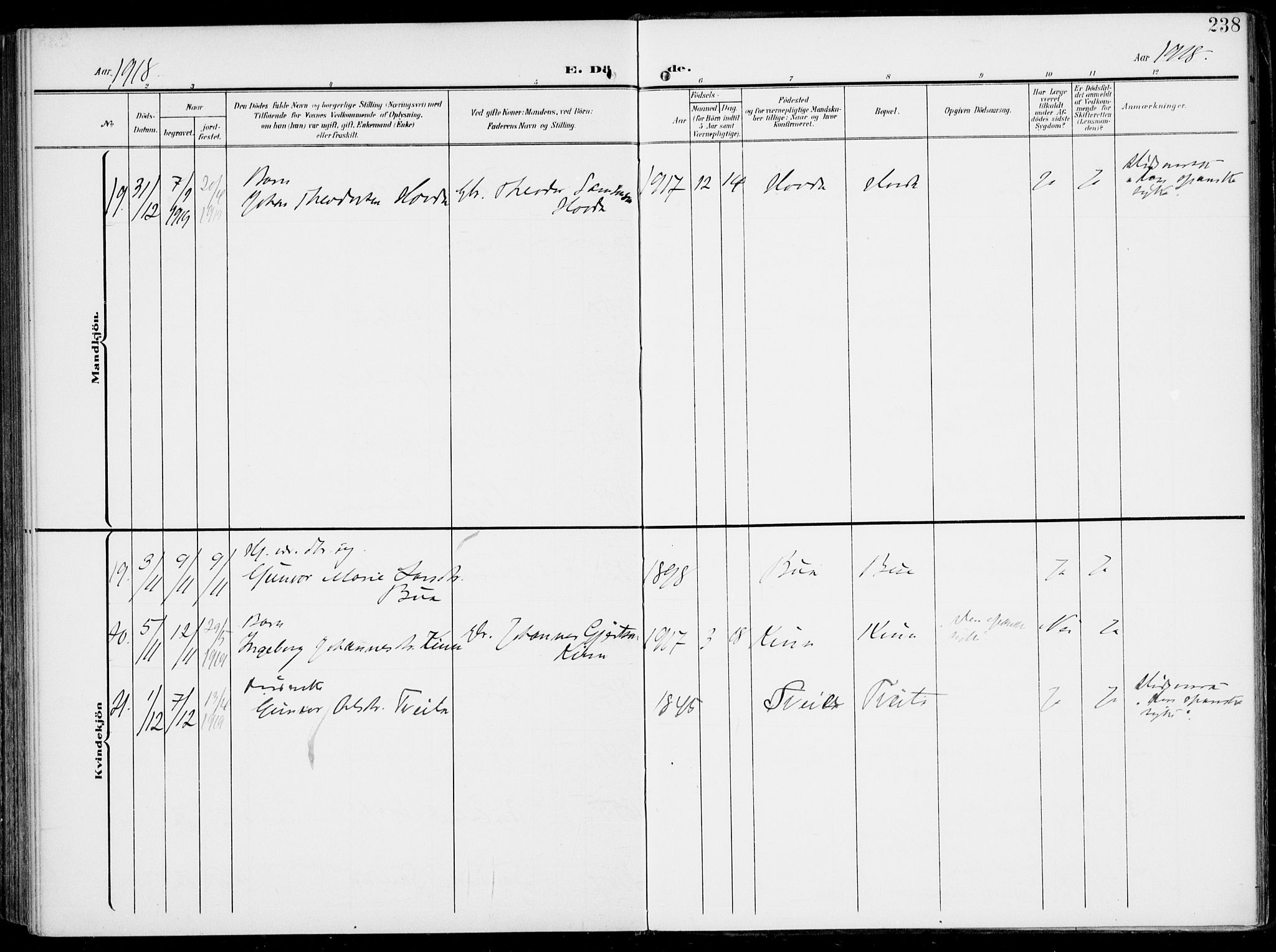 Sveio Sokneprestembete, AV/SAB-A-78501/H/Haa: Parish register (official) no. B  4, 1906-1919, p. 238