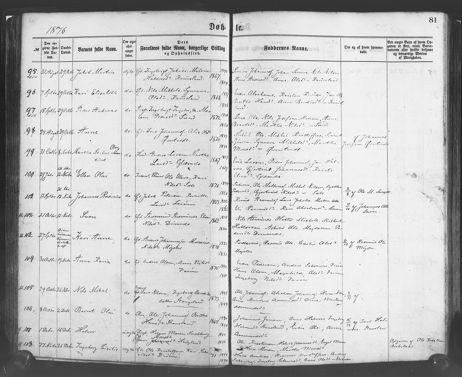 Sund sokneprestembete, AV/SAB-A-99930: Parish register (official) no. A 15, 1867-1881, p. 81