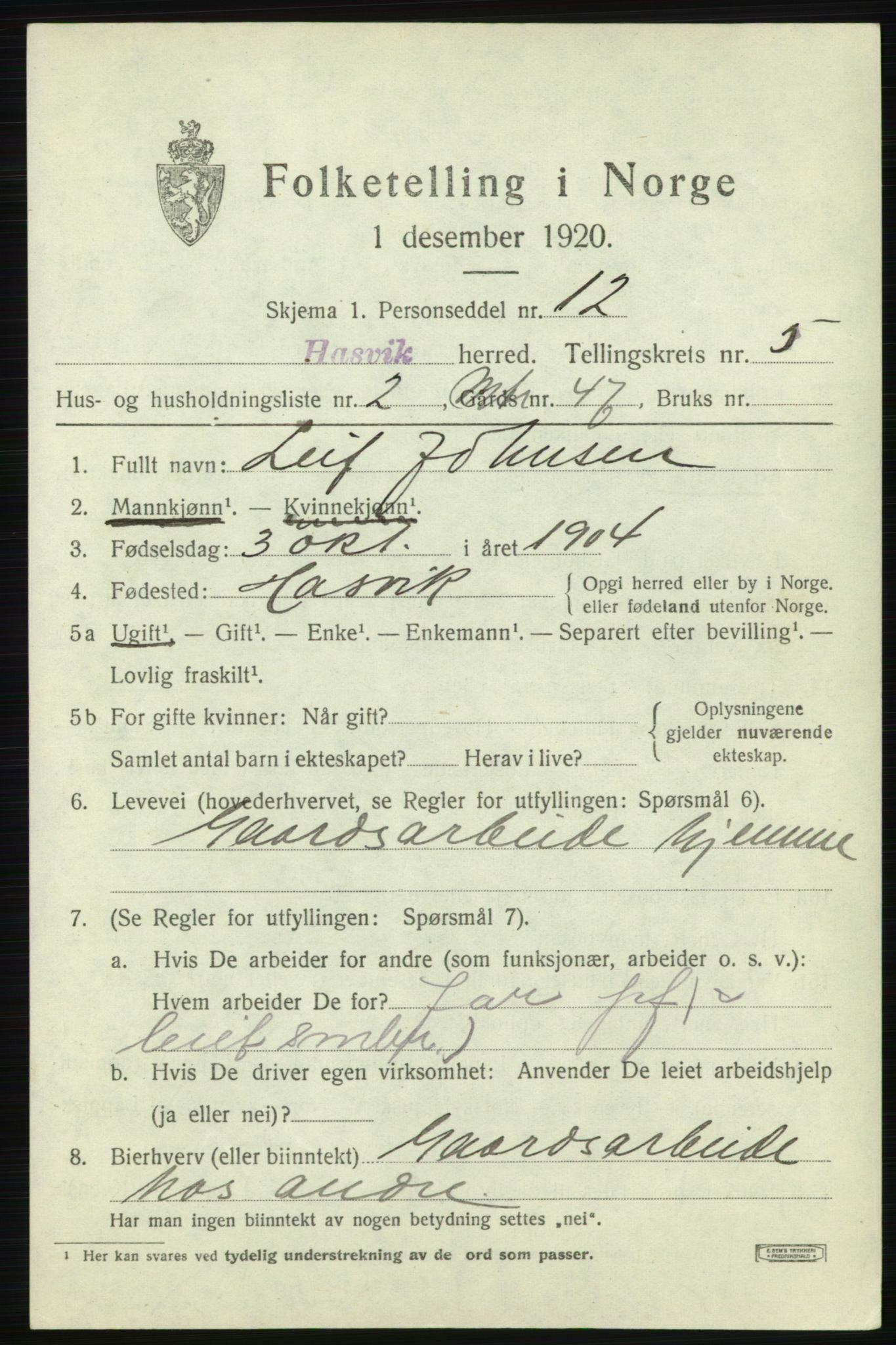 SATØ, 1920 census for Hasvik, 1920, p. 2347