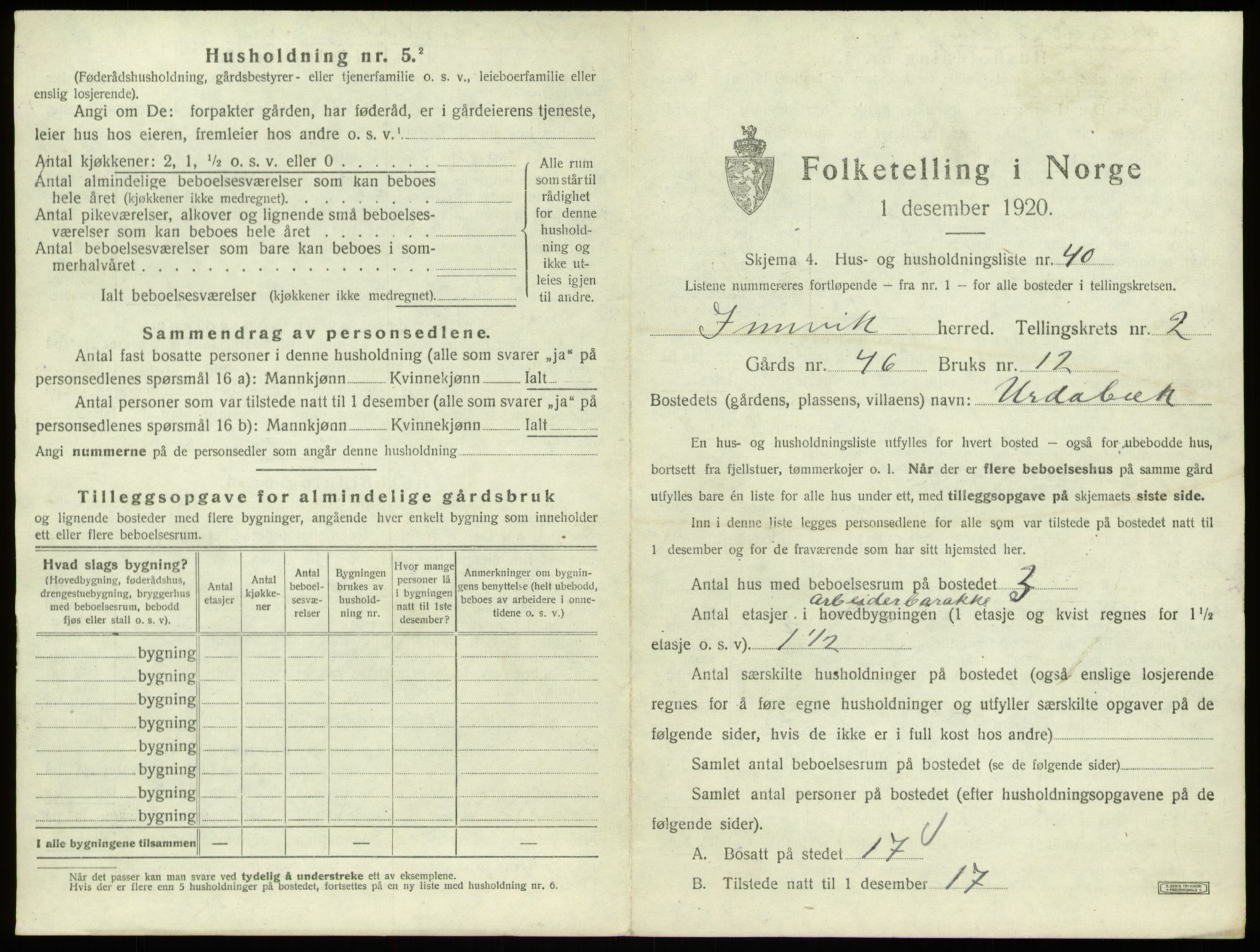 SAB, 1920 census for Innvik, 1920, p. 154