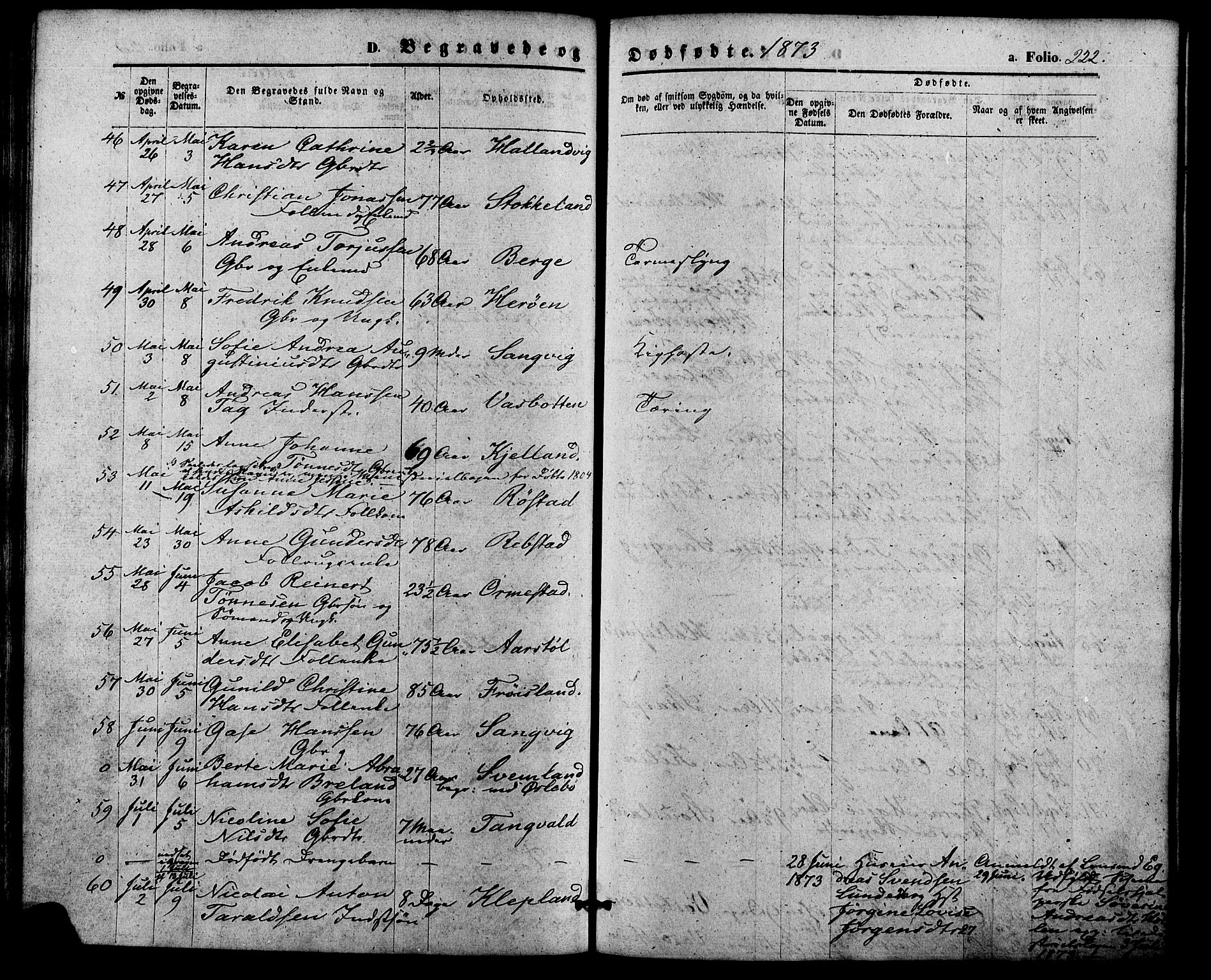 Søgne sokneprestkontor, AV/SAK-1111-0037/F/Fa/Fab/L0011: Parish register (official) no. A 11, 1869-1879, p. 222