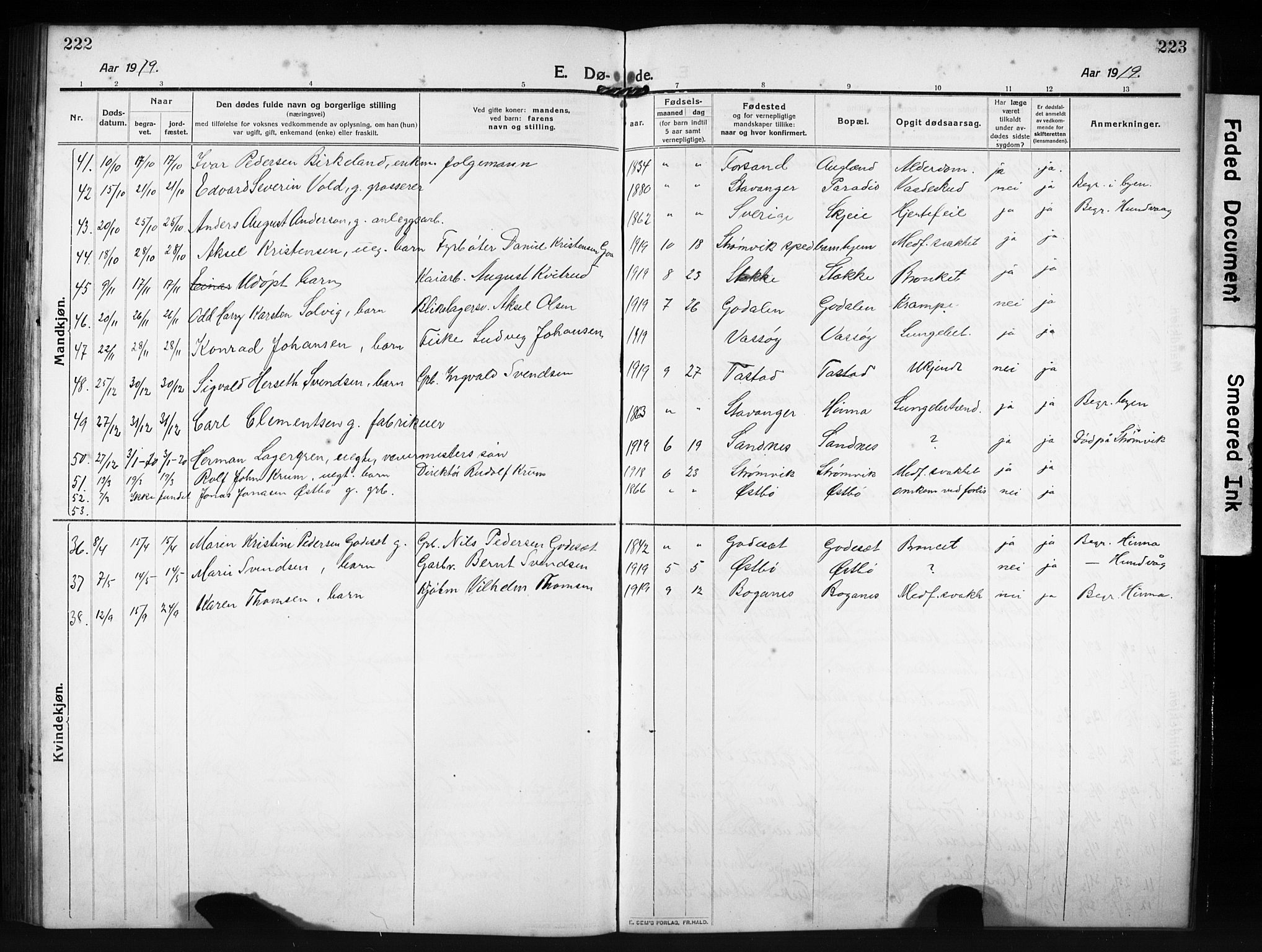 Hetland sokneprestkontor, AV/SAST-A-101826/30/30BB/L0009: Parish register (copy) no. B 9, 1910-1931, p. 222-223