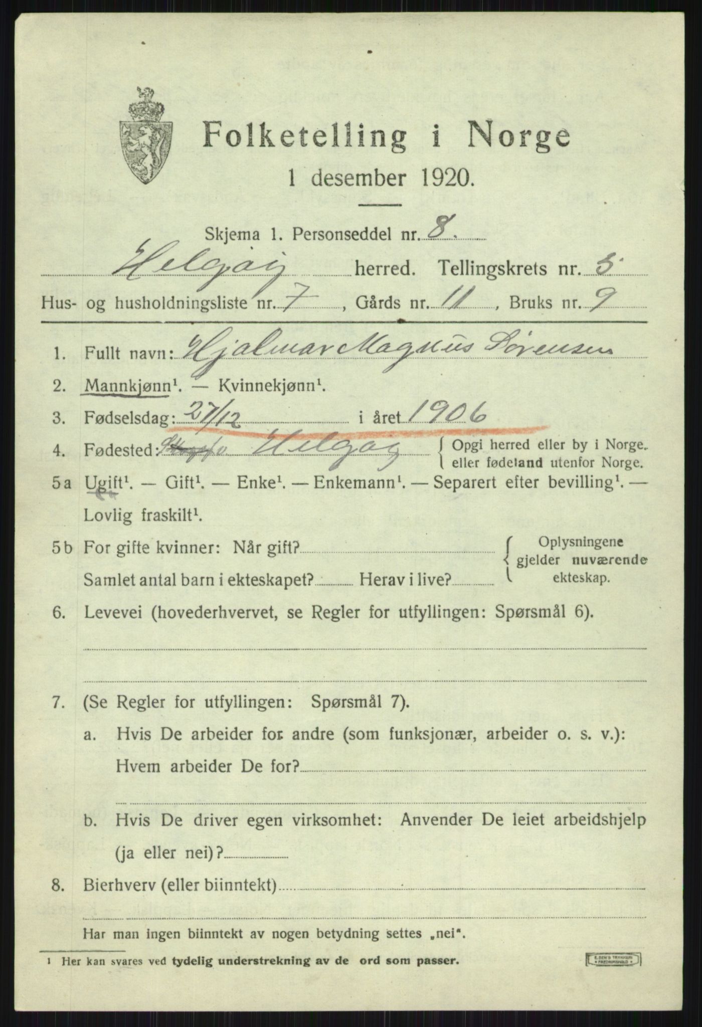 SATØ, 1920 census for Helgøy, 1920, p. 2025
