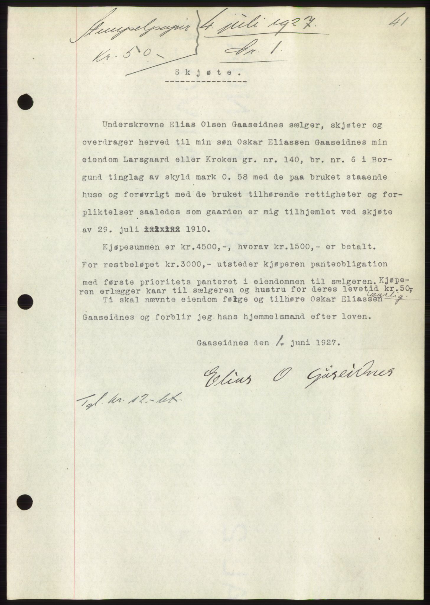 Nordre Sunnmøre sorenskriveri, AV/SAT-A-0006/1/2/2C/2Ca/L0037: Mortgage book no. 40, 1927-1927, Deed date: 04.07.1927