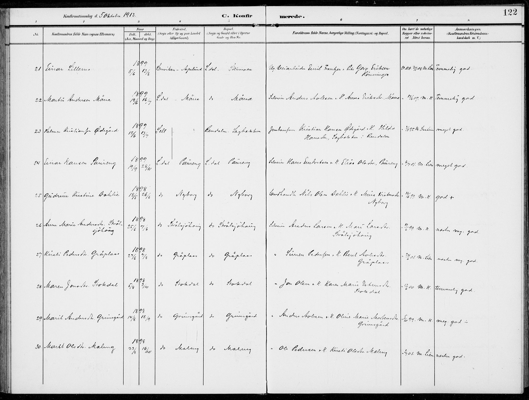 Alvdal prestekontor, AV/SAH-PREST-060/H/Ha/Haa/L0004: Parish register (official) no. 4, 1907-1919, p. 122