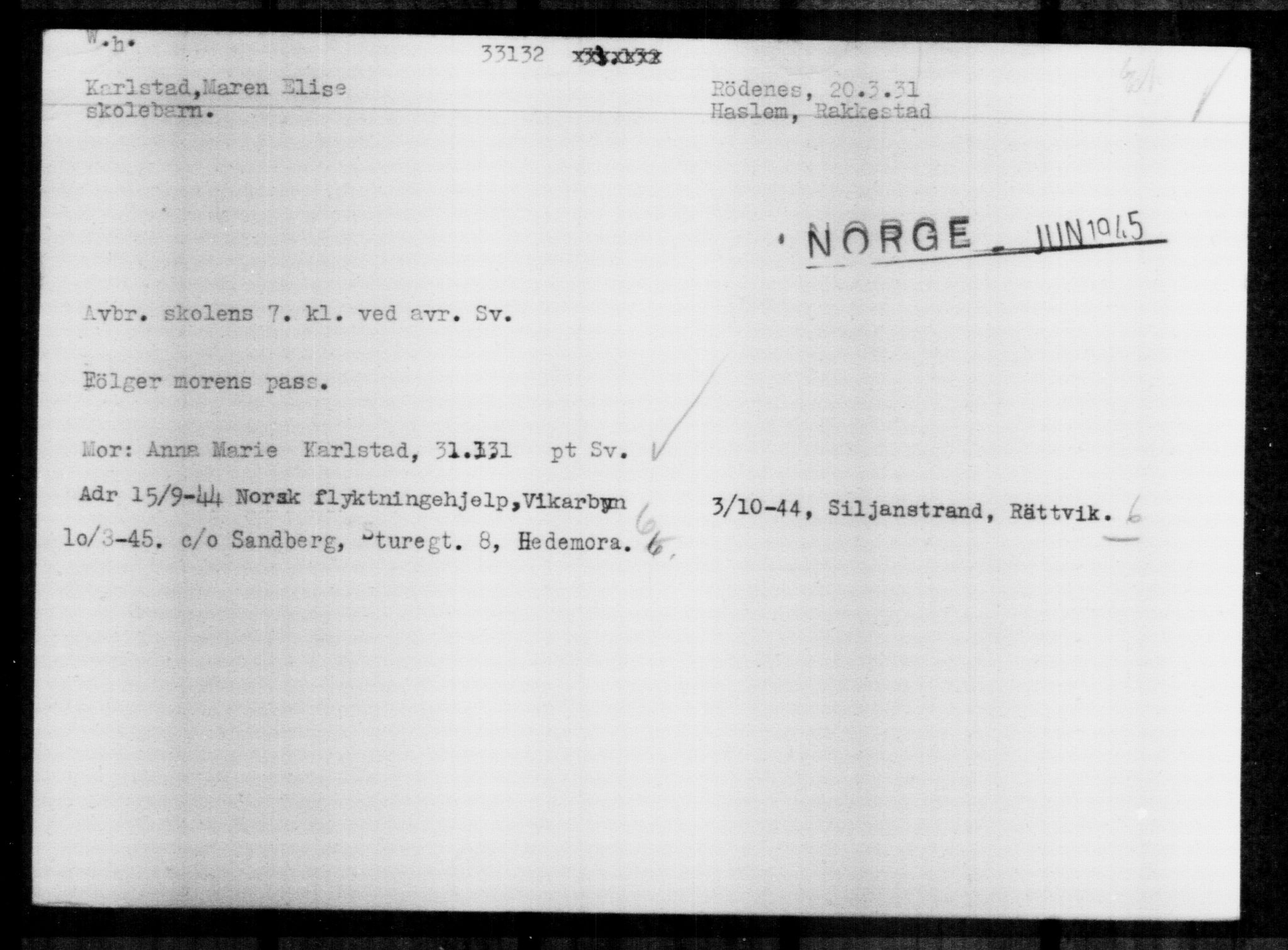 Utenriksstasjonene, Legasjonen i Stockholm, Flyktningkontoret, AV/RA-S-6753/V/Va/L0013: Kjesäterkartoteket, flyktninger med registreringsnr. 31500-34731, 1940-1945, p. 1716