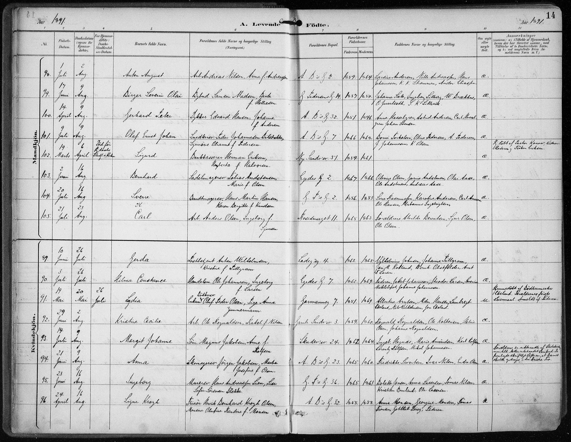 Sandviken Sokneprestembete, SAB/A-77601/H/Ha/L0005: Parish register (official) no. B 2, 1891-1901, p. 14