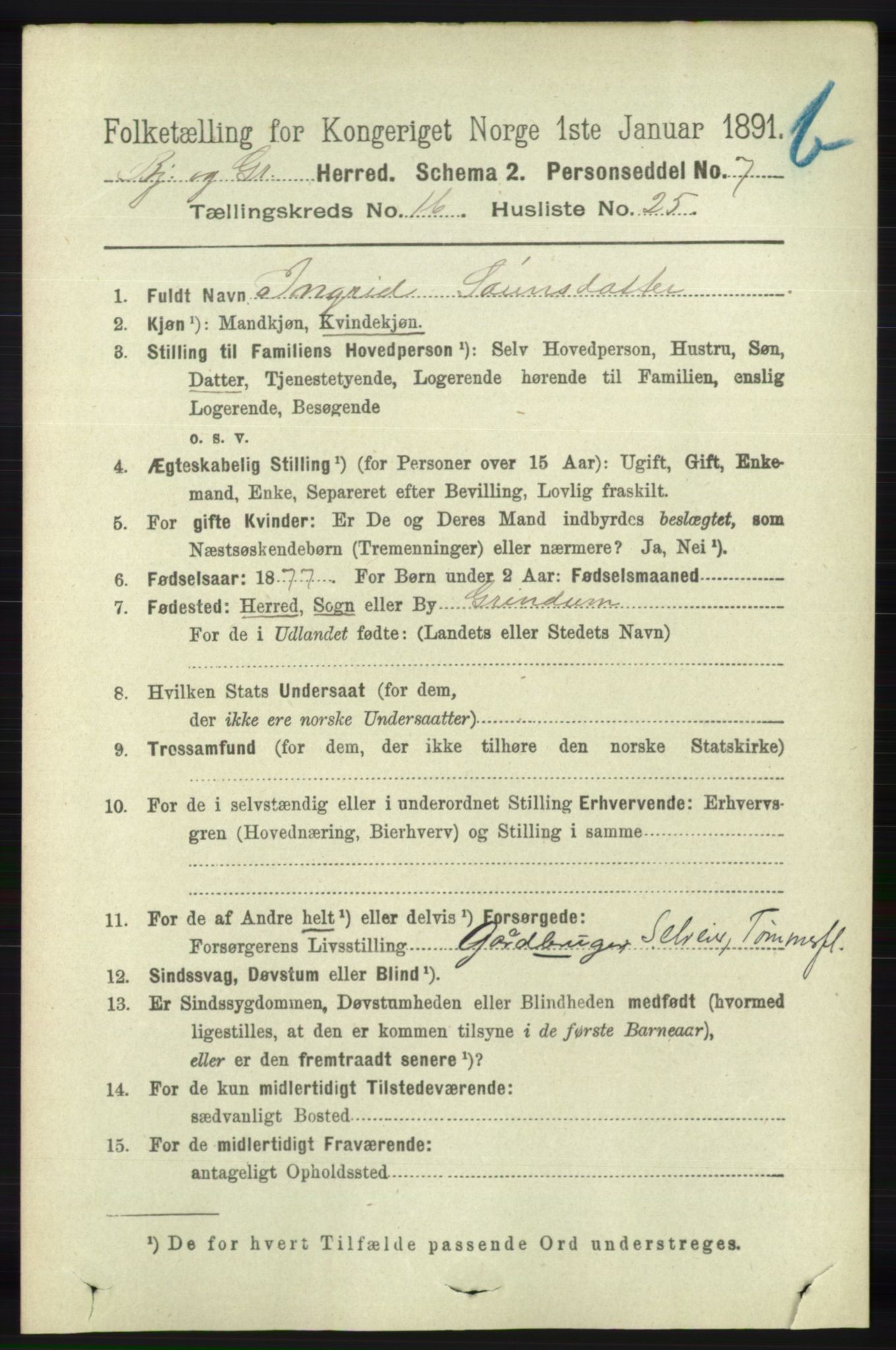 RA, 1891 census for 1024 Bjelland og Grindheim, 1891, p. 901