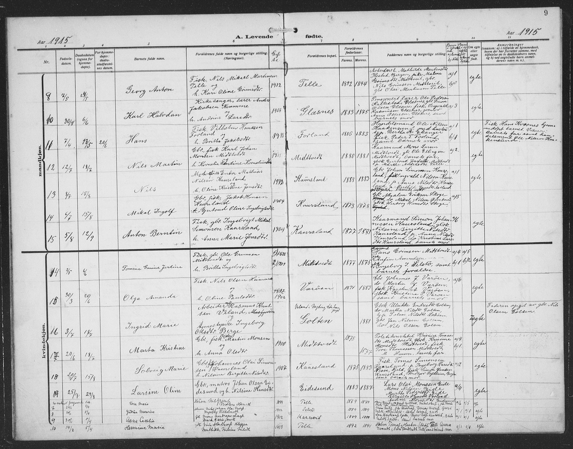 Sund sokneprestembete, AV/SAB-A-99930: Parish register (copy) no. C 1, 1913-1928, p. 9