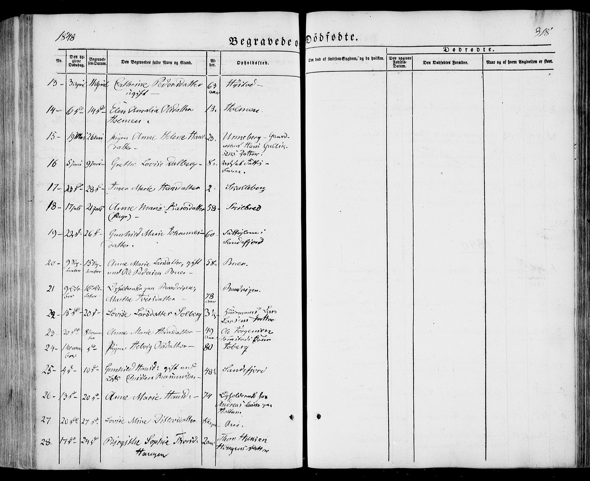 Sandar kirkebøker, SAKO/A-243/F/Fa/L0006: Parish register (official) no. 6, 1847-1860, p. 318