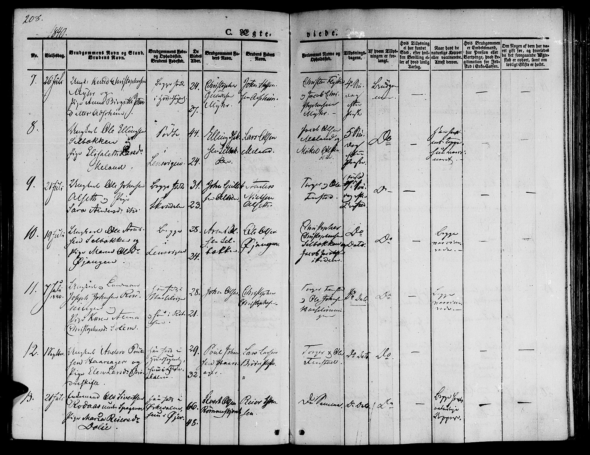 Ministerialprotokoller, klokkerbøker og fødselsregistre - Sør-Trøndelag, AV/SAT-A-1456/646/L0610: Parish register (official) no. 646A08, 1837-1847, p. 208