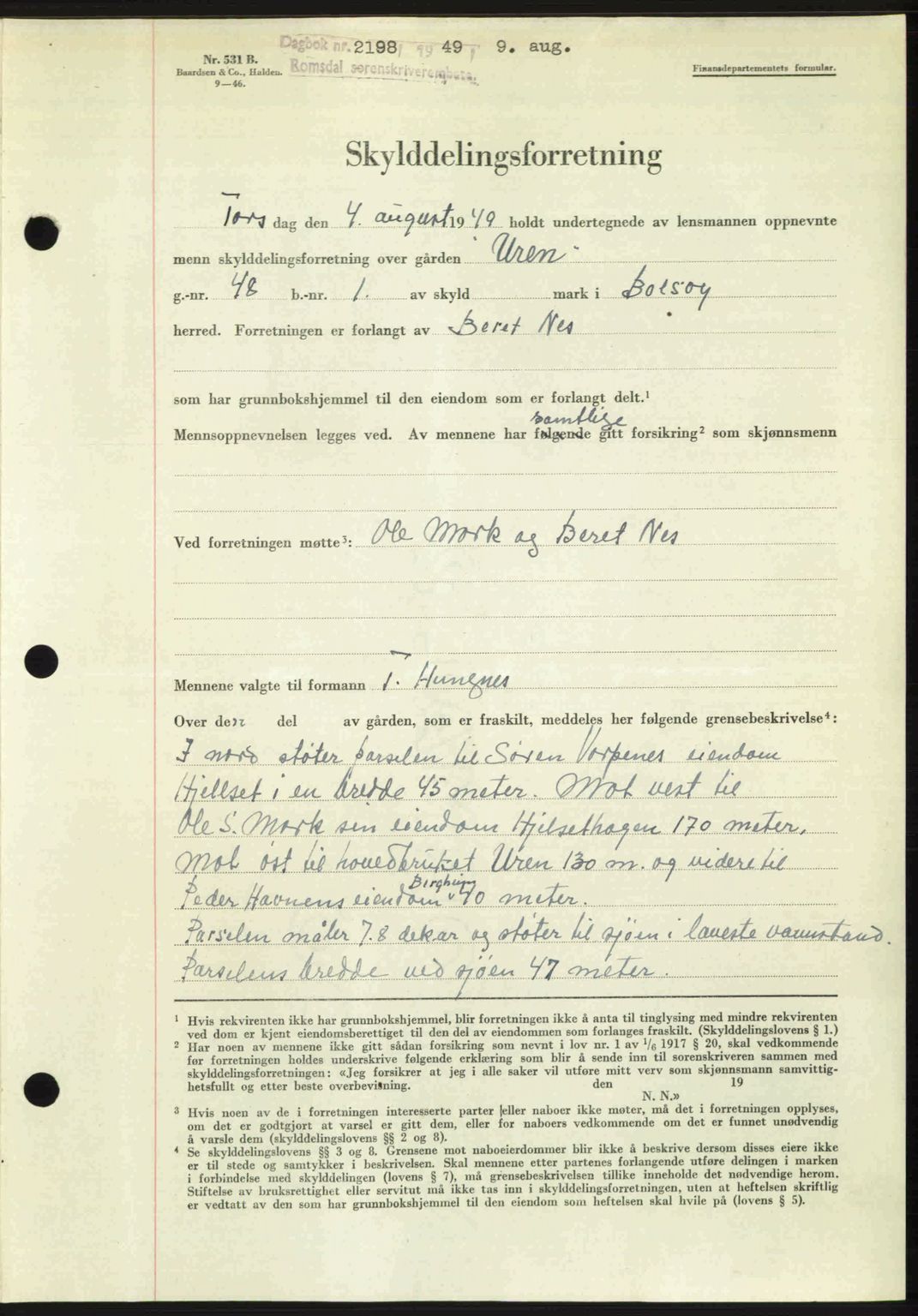 Romsdal sorenskriveri, AV/SAT-A-4149/1/2/2C: Mortgage book no. A30, 1949-1949, Diary no: : 2198/1949