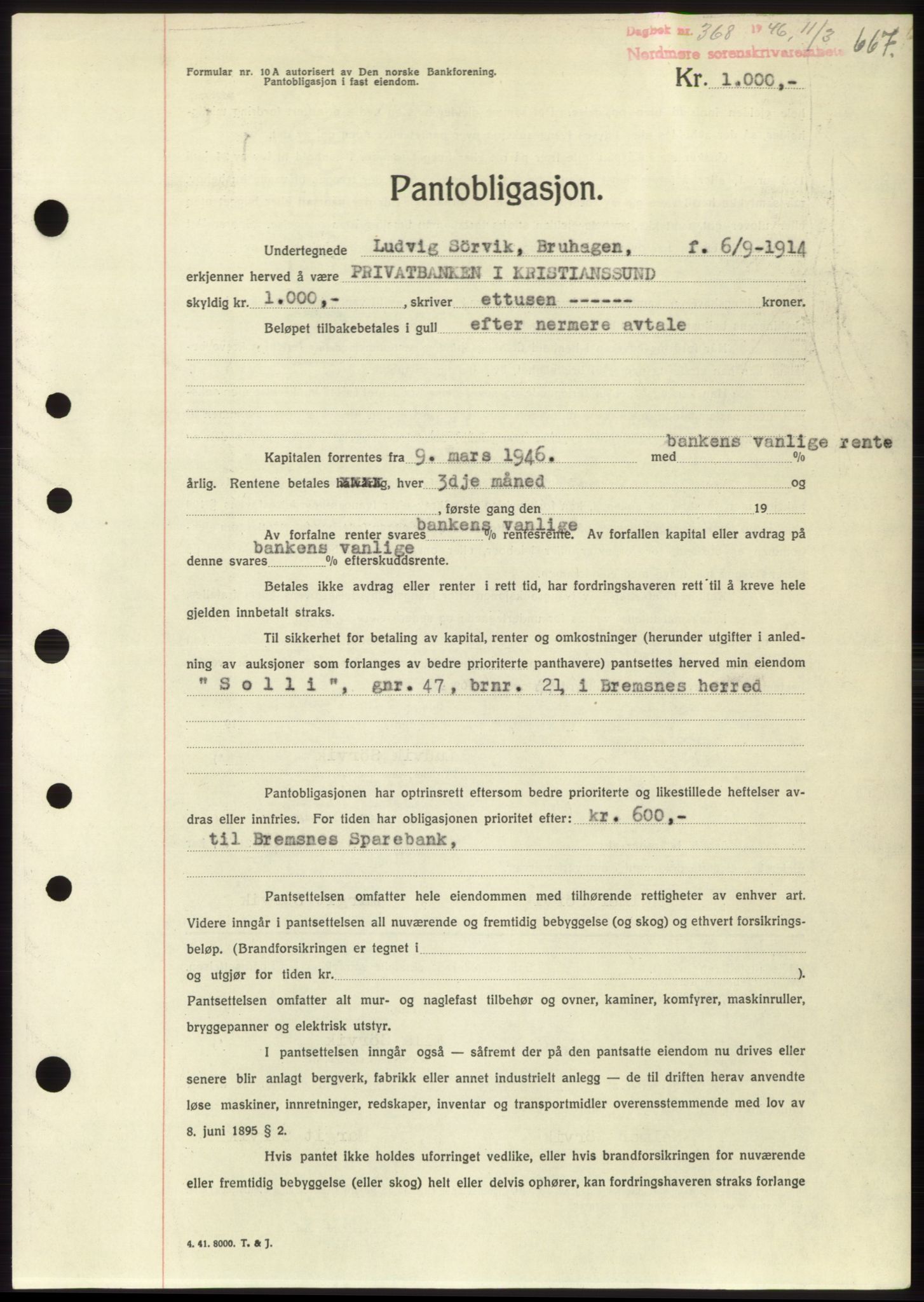 Nordmøre sorenskriveri, AV/SAT-A-4132/1/2/2Ca: Mortgage book no. B93b, 1946-1946, Diary no: : 368/1946