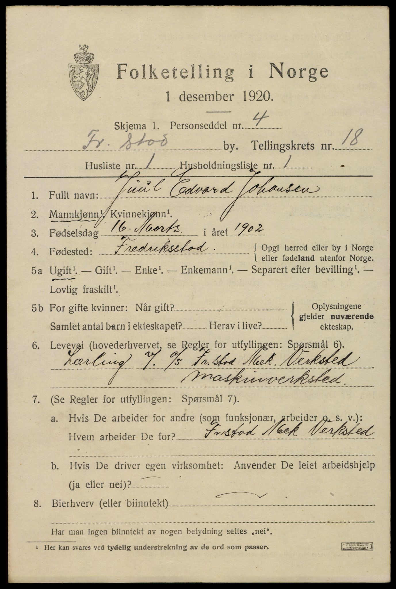 SAO, 1920 census for Fredrikstad, 1920, p. 40729