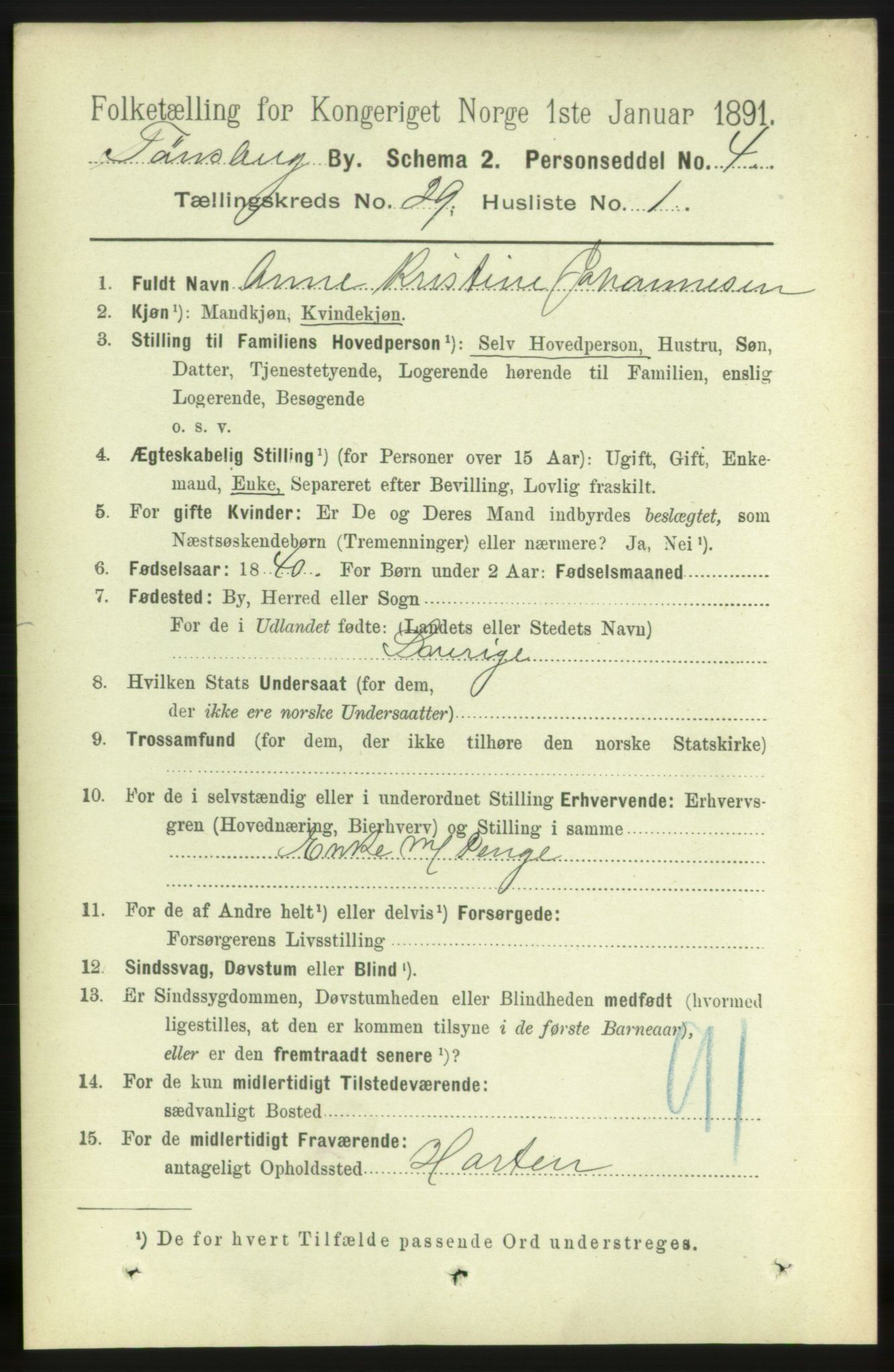 RA, 1891 census for 0705 Tønsberg, 1891, p. 7072