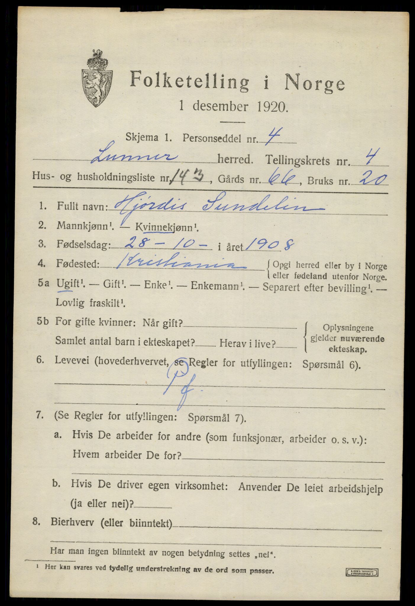 SAH, 1920 census for Lunner, 1920, p. 6911