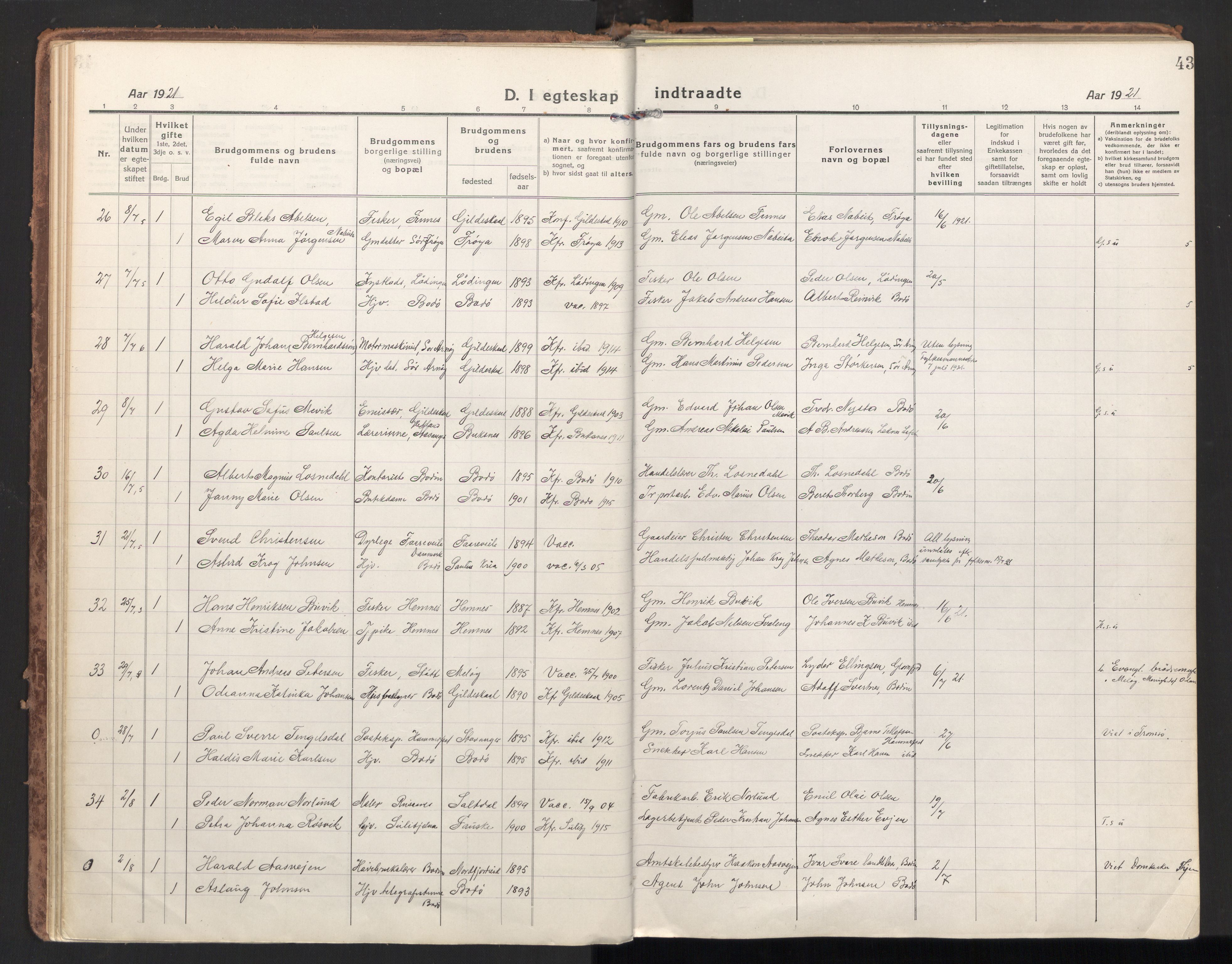 Ministerialprotokoller, klokkerbøker og fødselsregistre - Nordland, SAT/A-1459/801/L0018: Parish register (official) no. 801A18, 1916-1930, p. 43