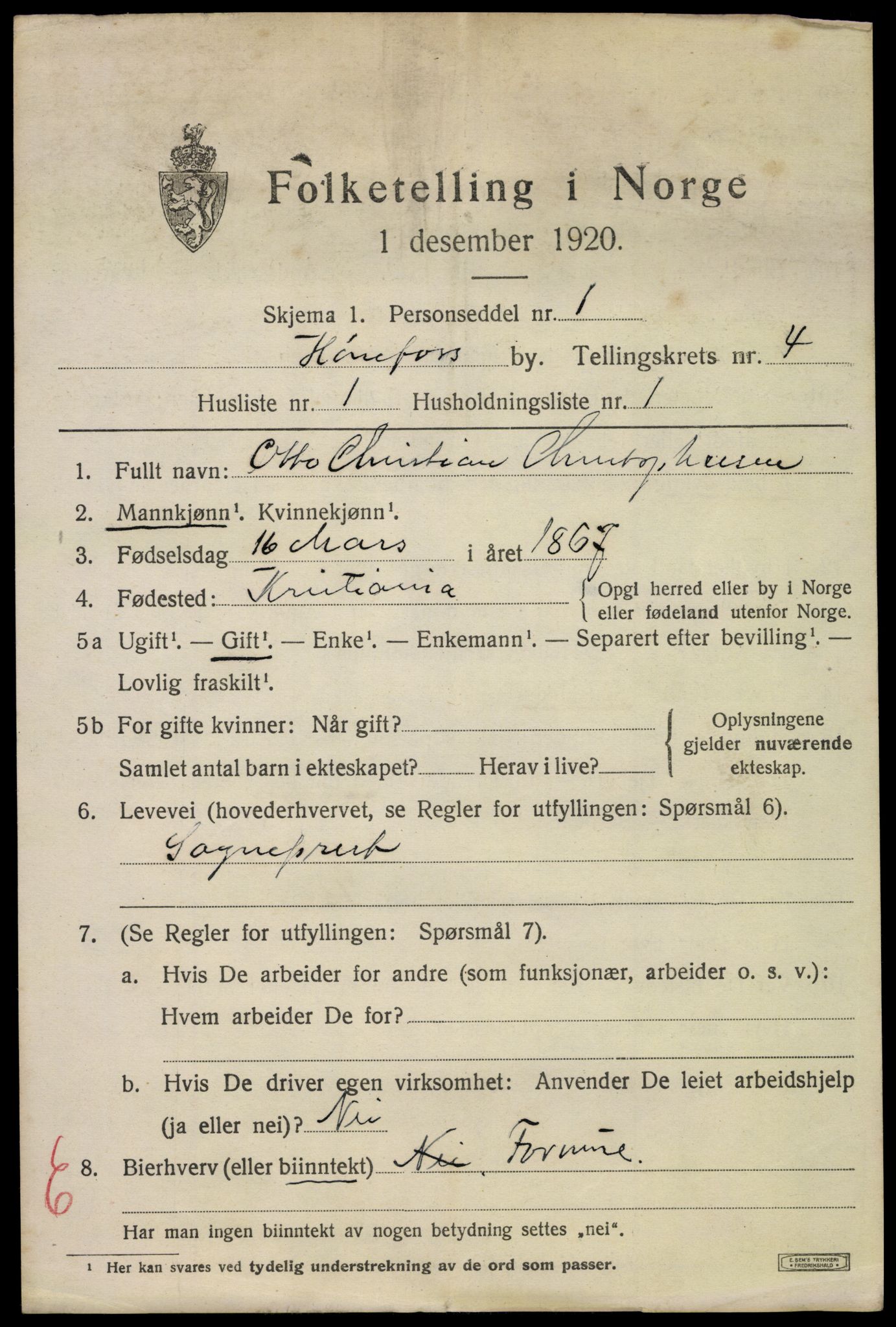 SAKO, 1920 census for Hønefoss, 1920, p. 5954