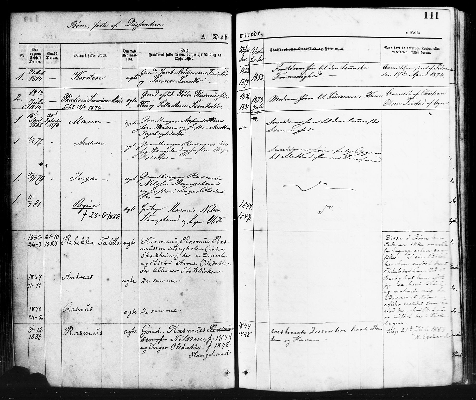 Klepp sokneprestkontor, SAST/A-101803/001/3/30BA/L0006: Parish register (official) no. A 6, 1871-1885, p. 141