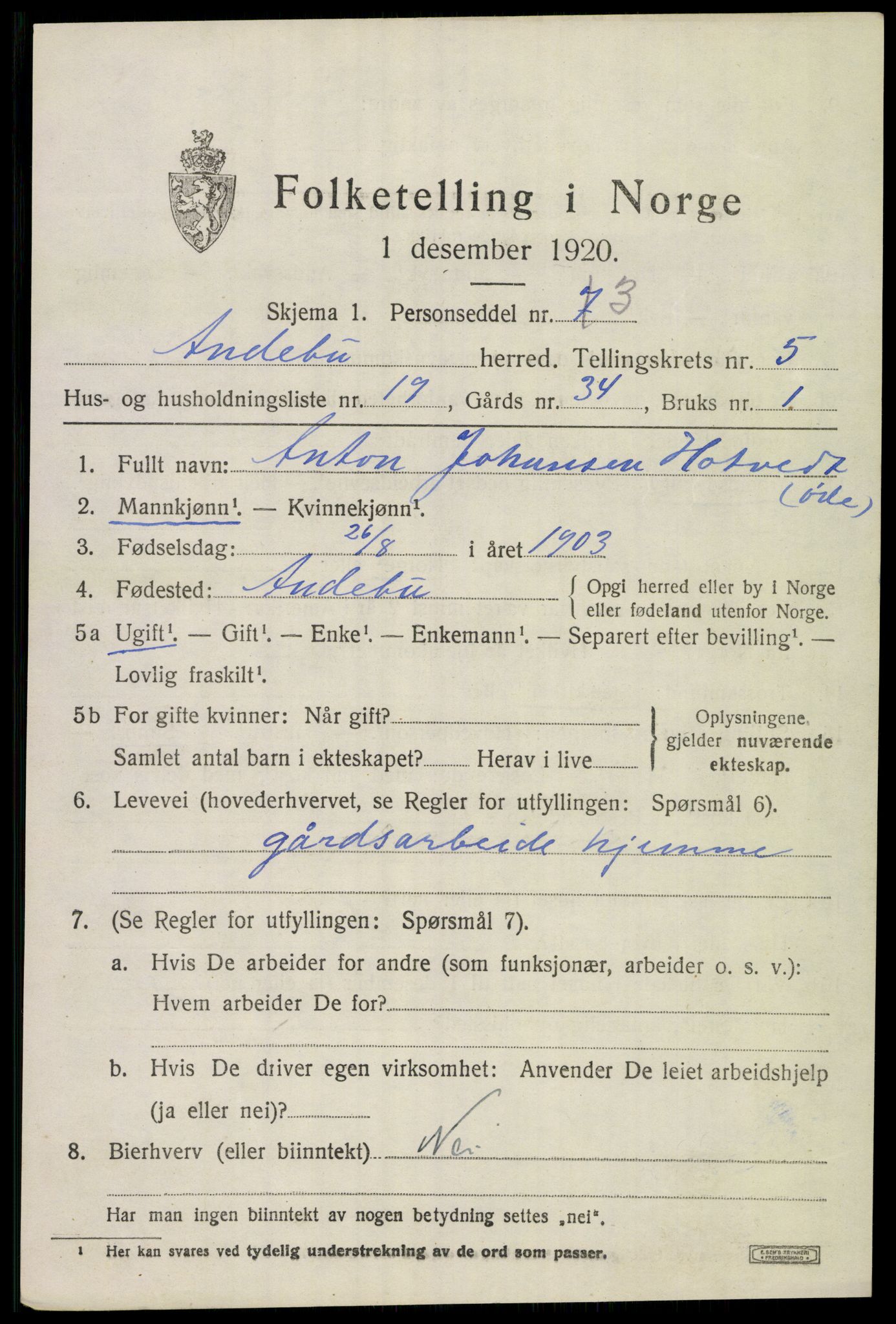 SAKO, 1920 census for Andebu, 1920, p. 2812
